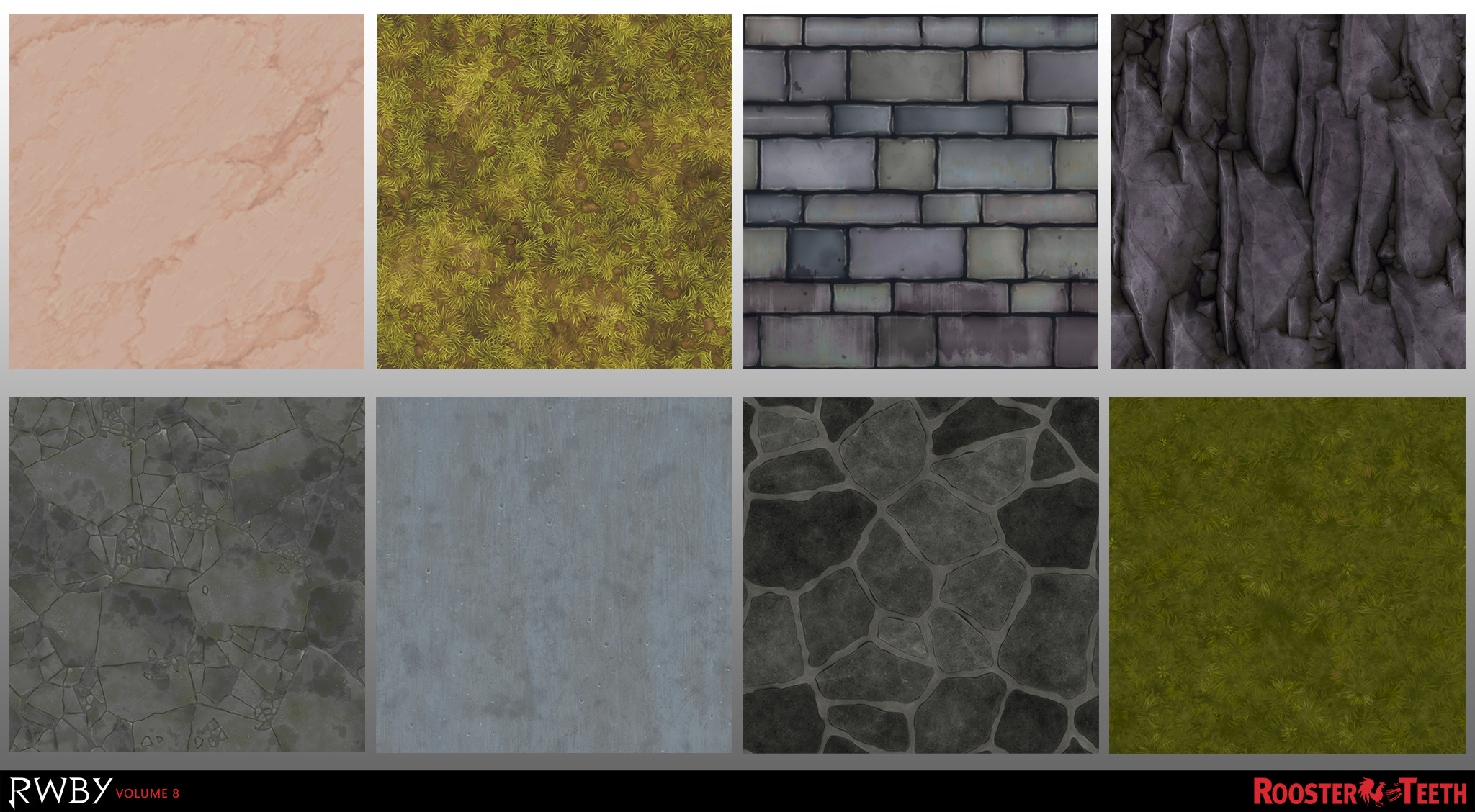 Tiling texture samples. Created in Substance Designer. The goal was a painterly, stylized look.