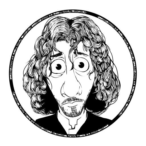 A black and white line drawing of the character Bruno from the movie Encanto. Framed in a black circle with the test "Sometimes family freaks are misunderstood." A quote from the movie.