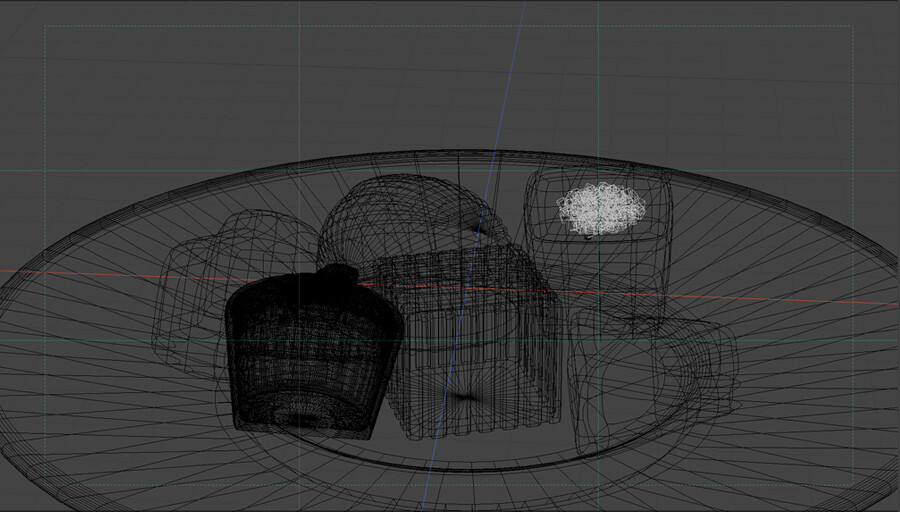 Wireframe of the shot. The praline with the pink filling was sculpted in Modo to add more volume to the filling. The white cubes on the rear praline are all instances of a few candys that I have made.