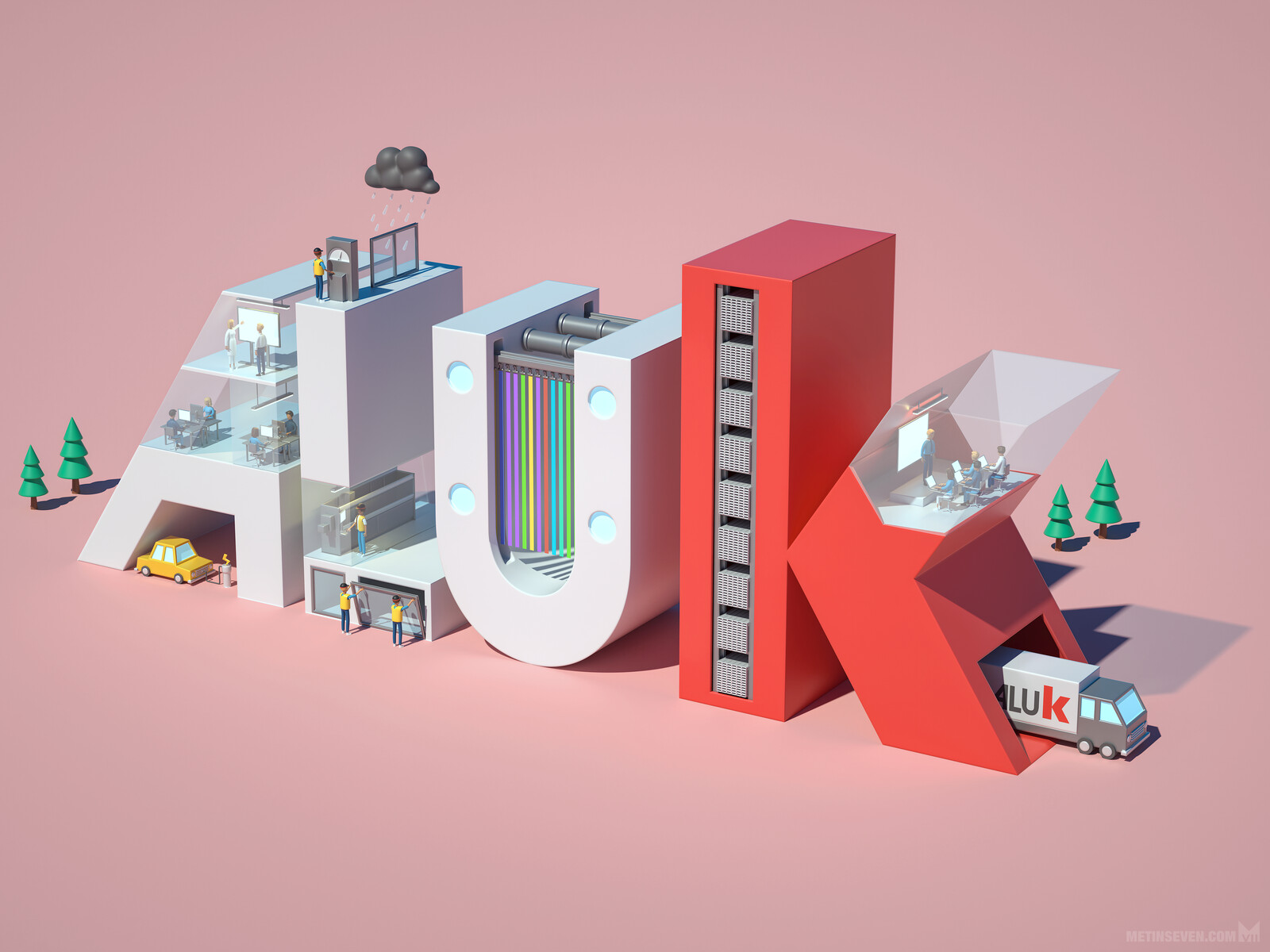 Stylized 3D illustration for ALUK, a British manufacturer of aluminium construction systems
