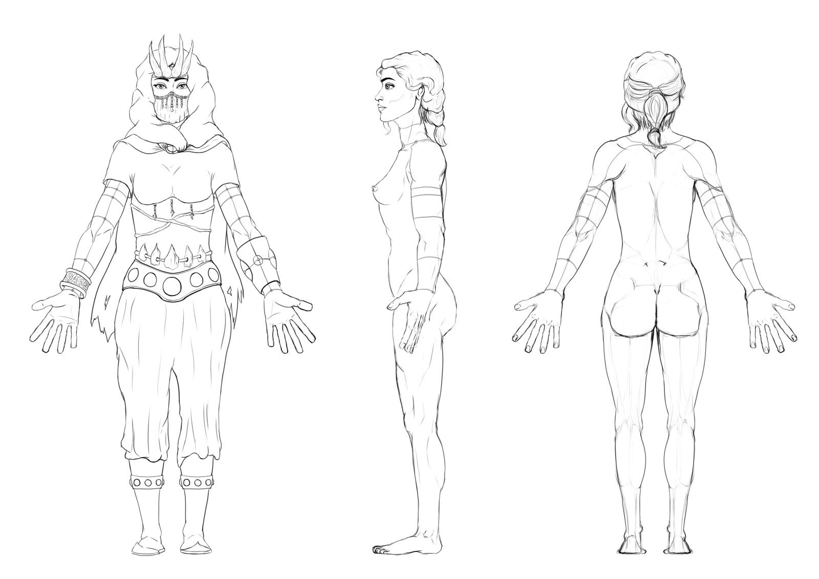 Character presentation in an 'A' pose for a better understanding. Her hands are a bit bigger for stylization purposes. 
