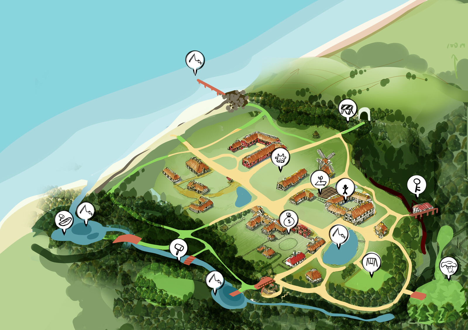 The map of the village in our game, which is in accordance with the characteristics of the landscapes in southern Denmark.