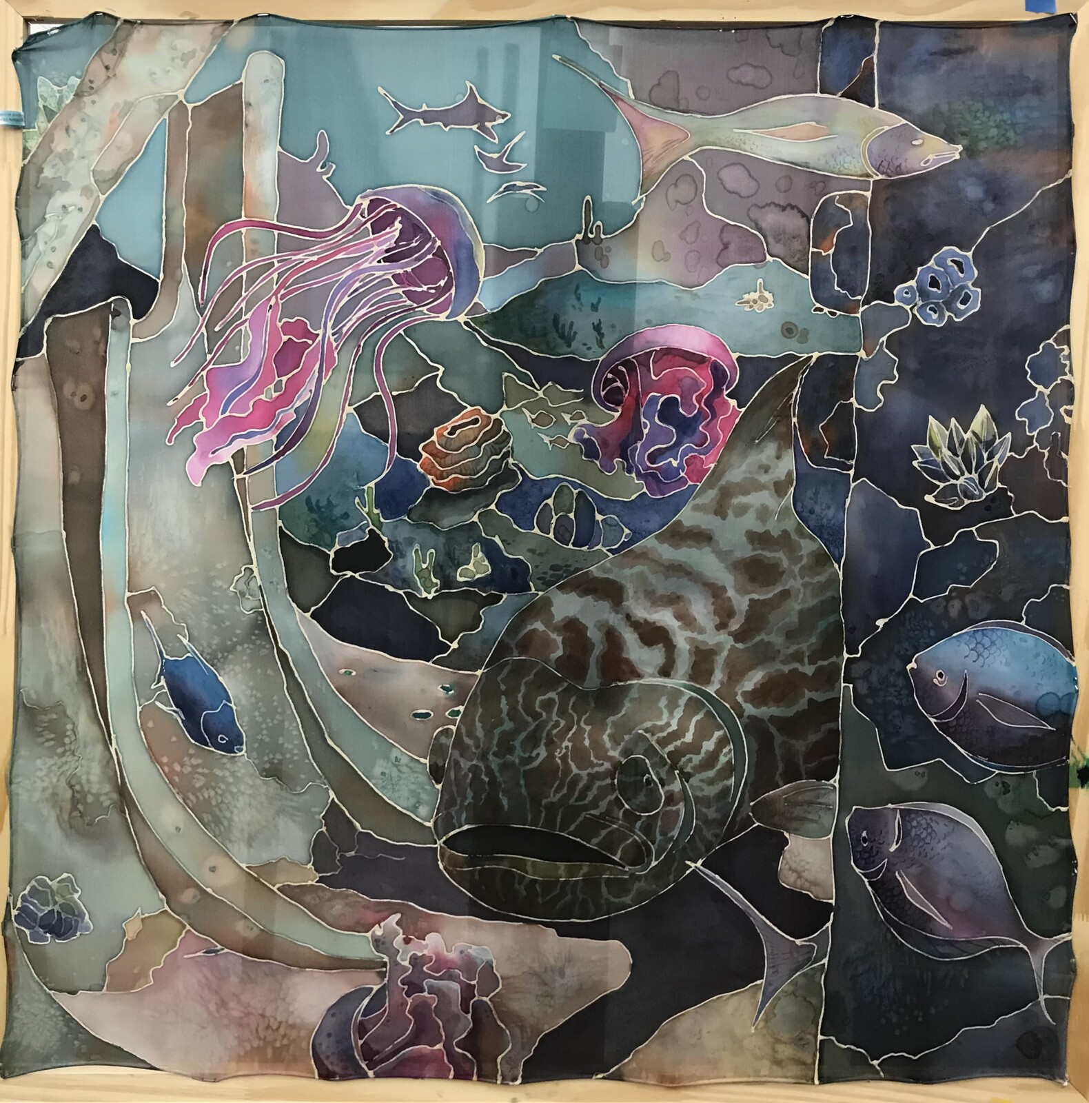Silk painting of an aquarium setting 