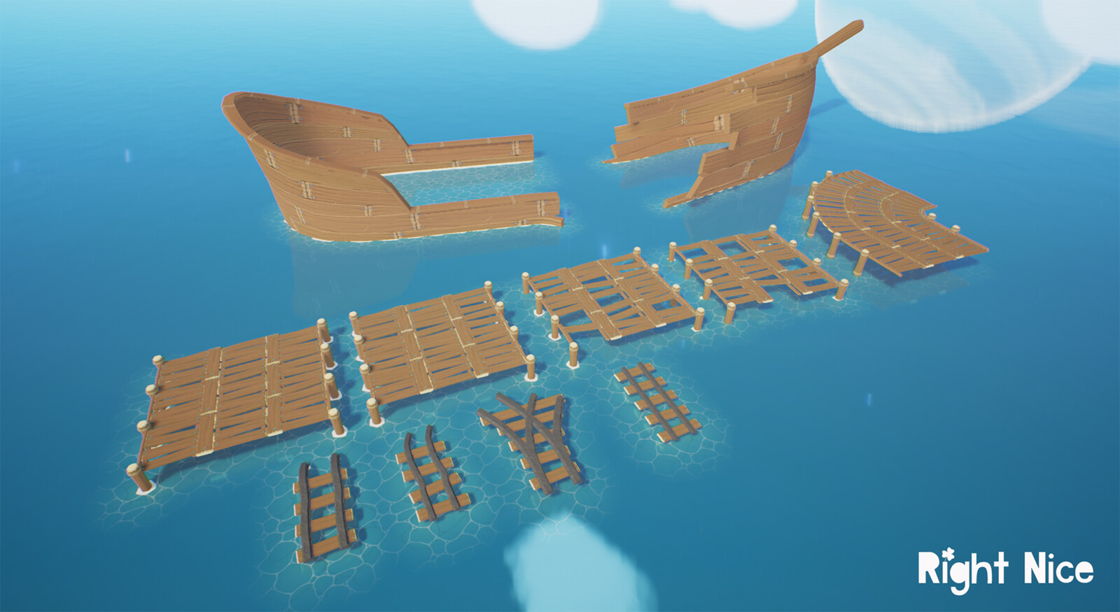 Some wooden pier variations, mine cart tracks and a shipwreck created for the new areas.