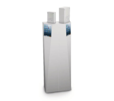 The display stand can be used very modularly, because it can be used individually in the corner or with two Products in front of the wall or with four devices in the room.