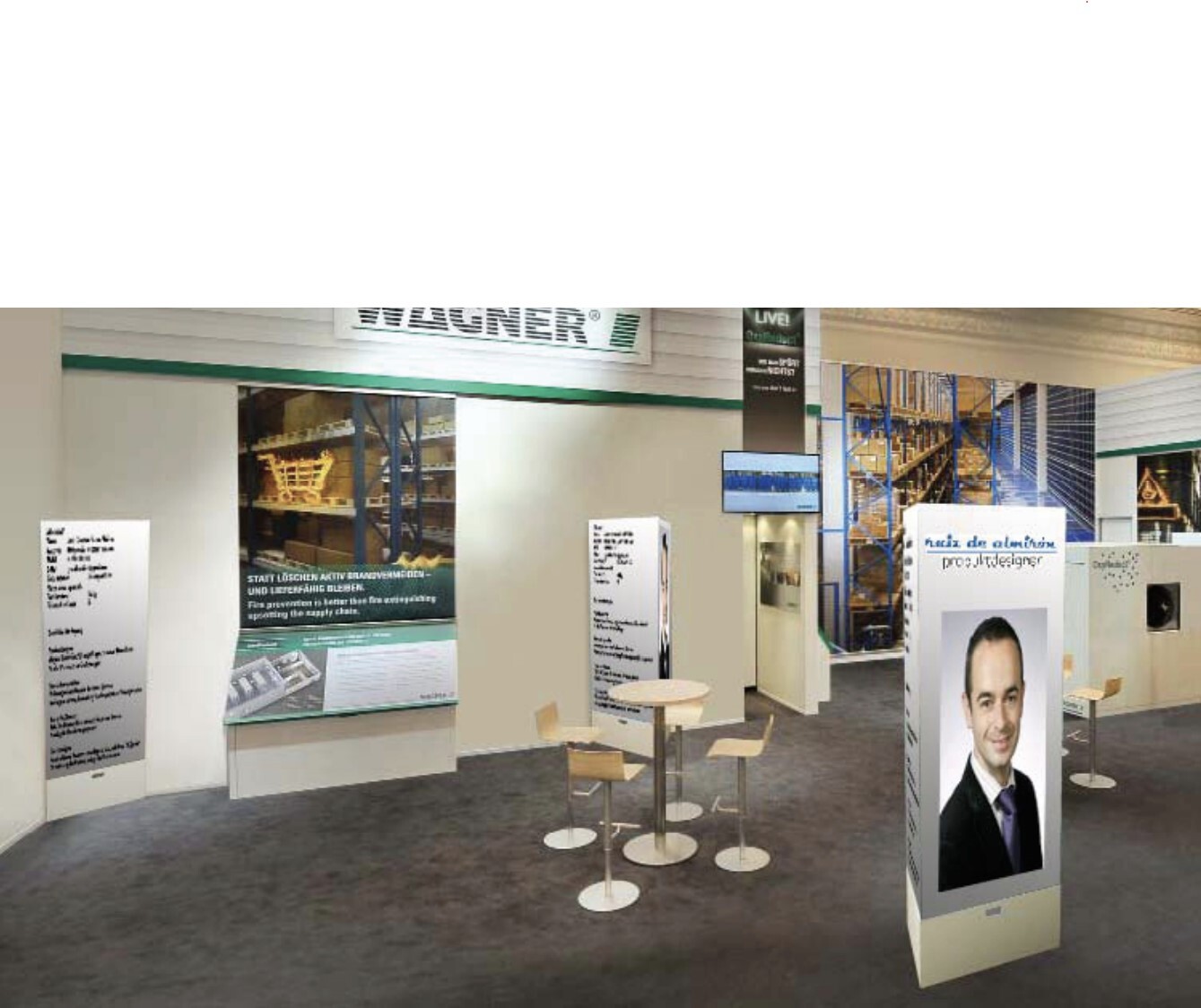 The result is a very flexible stand. It can be placed individually in the corner, in front of a wall (two sides visible) or freely in the room (three sides)
visible). Information &amp; news can also be imported on an integrated iPad or a digital frame.