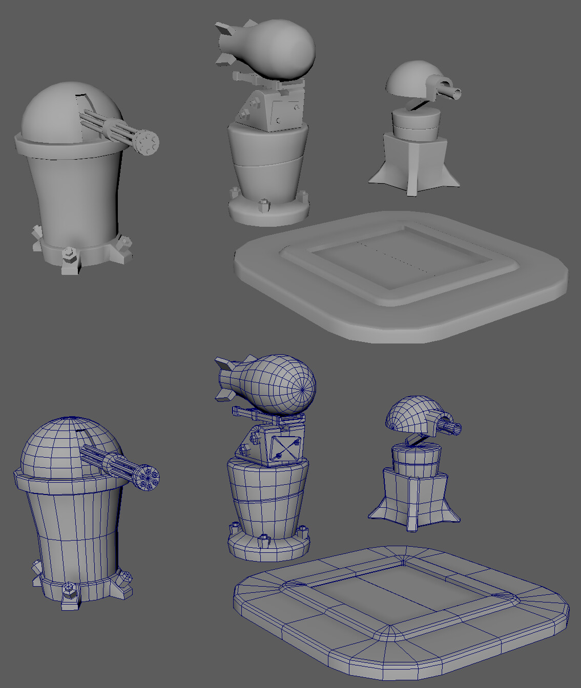 Low poly models and wireframes, in Maya.