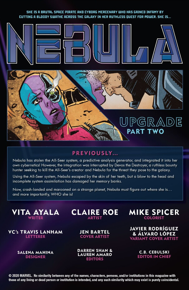 Nebula comic recap page design.  Published by Marvel Entertainment