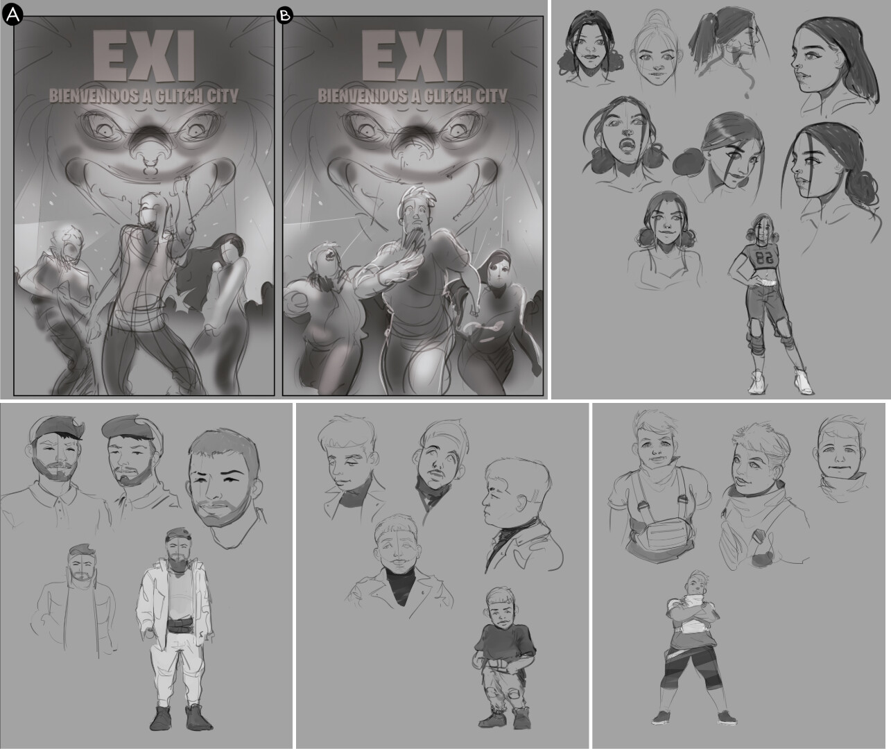 Sketches for the cover and characters.