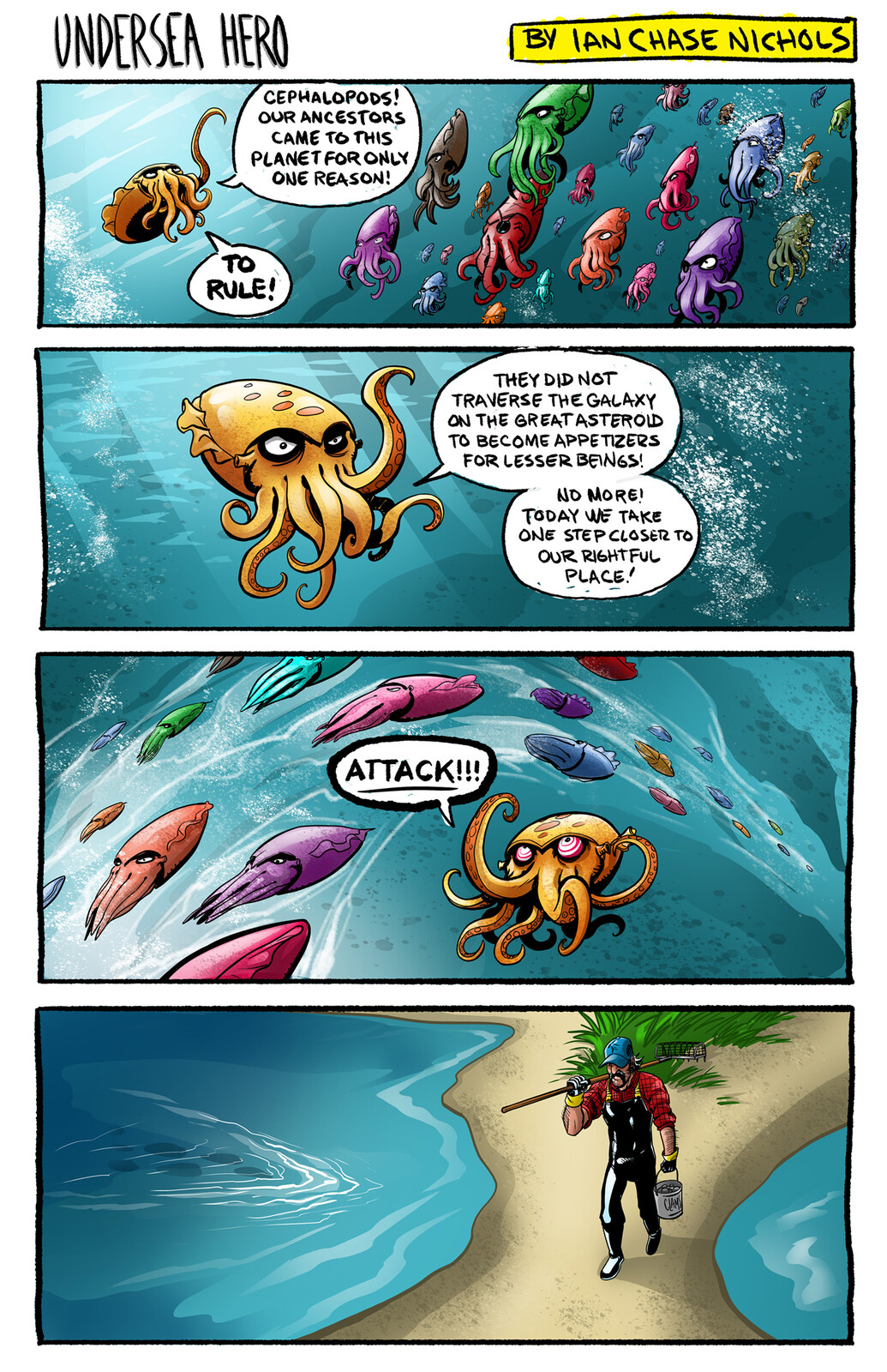UNDERSEA HERO comic strip page four.

UNDERSEA HERO and all Related Characters are Copyright © and Trademark TM 2022 Ian Chase Nichols. All Rights Reserved.
