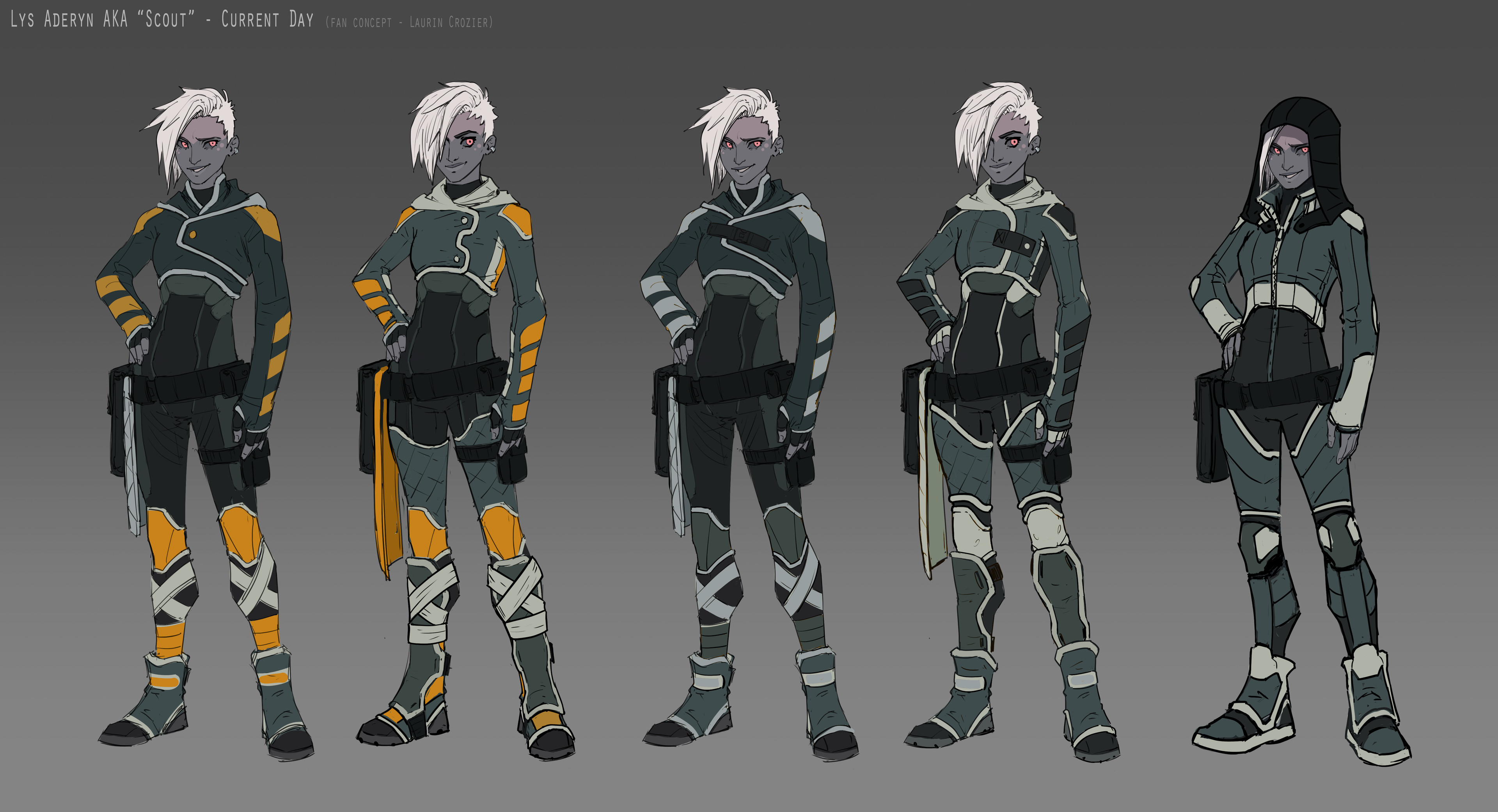2nd pass.  I think next step along narrowing outfit ideas is to add little accessories that show more of who she is, where she's been, etc.
