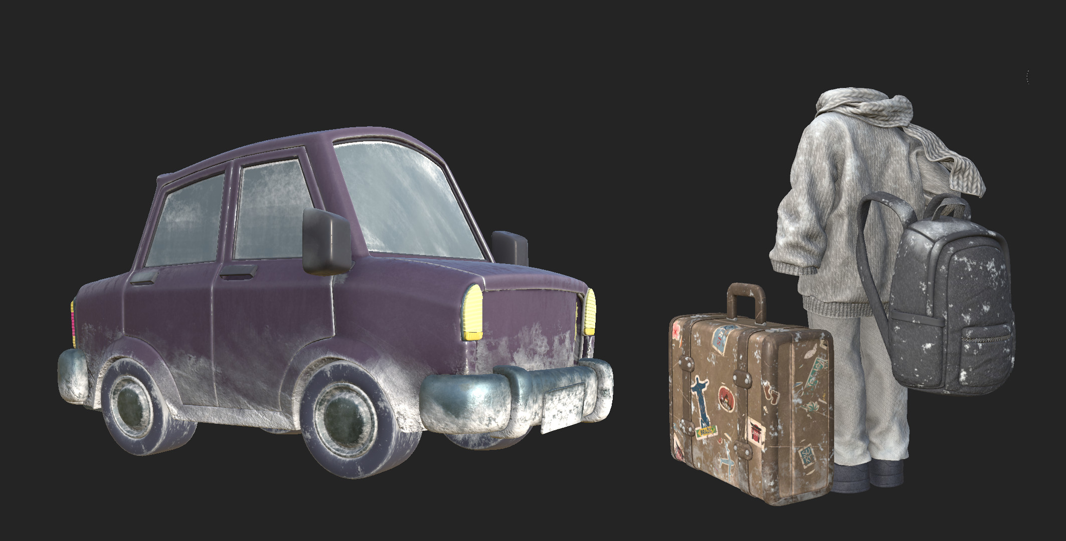 The only assets that I ended up using Substance Painter. I kept the character clothes gray because it was faster to fine tweak the color inside 3ds Max using Vray's IPR