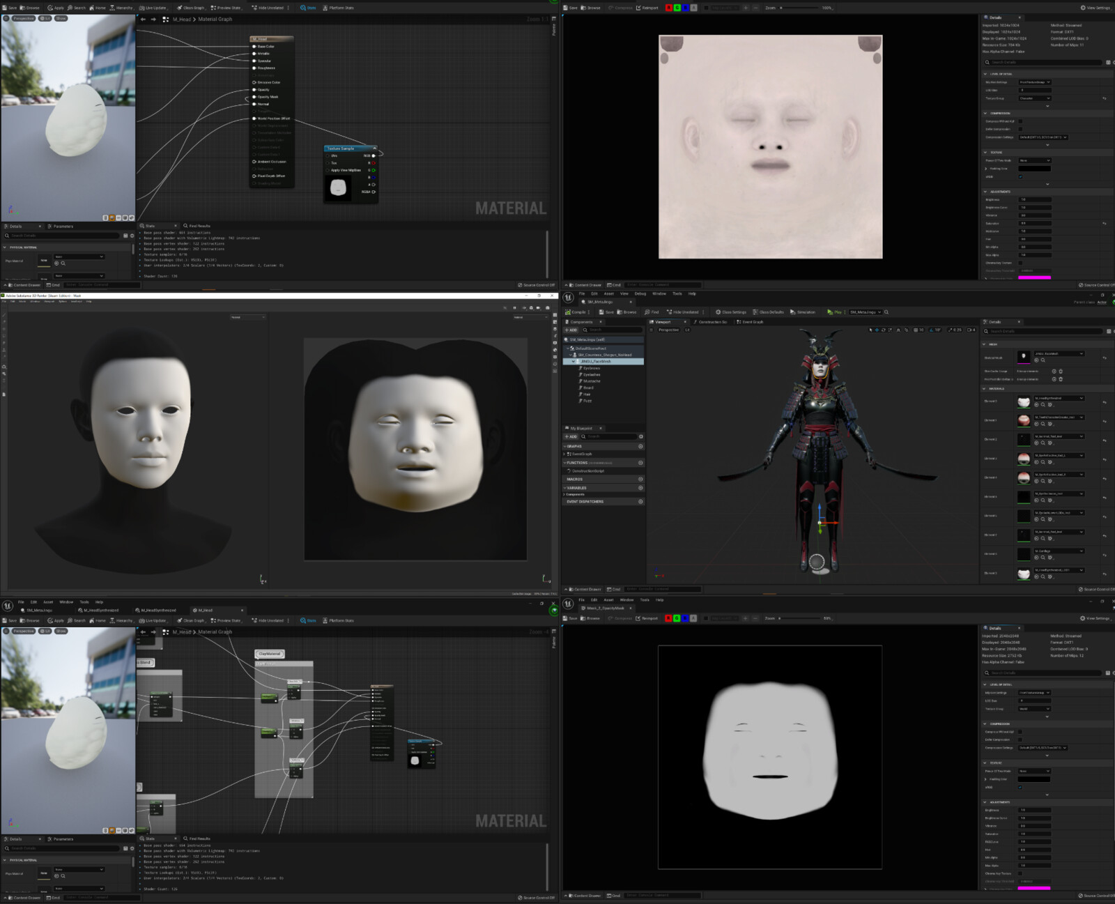 Integration of the MetaHuman face with a Paragon Character body using a mask painted in Substance Painter for the main face material, and hiding the real face of the original Paragon Character.