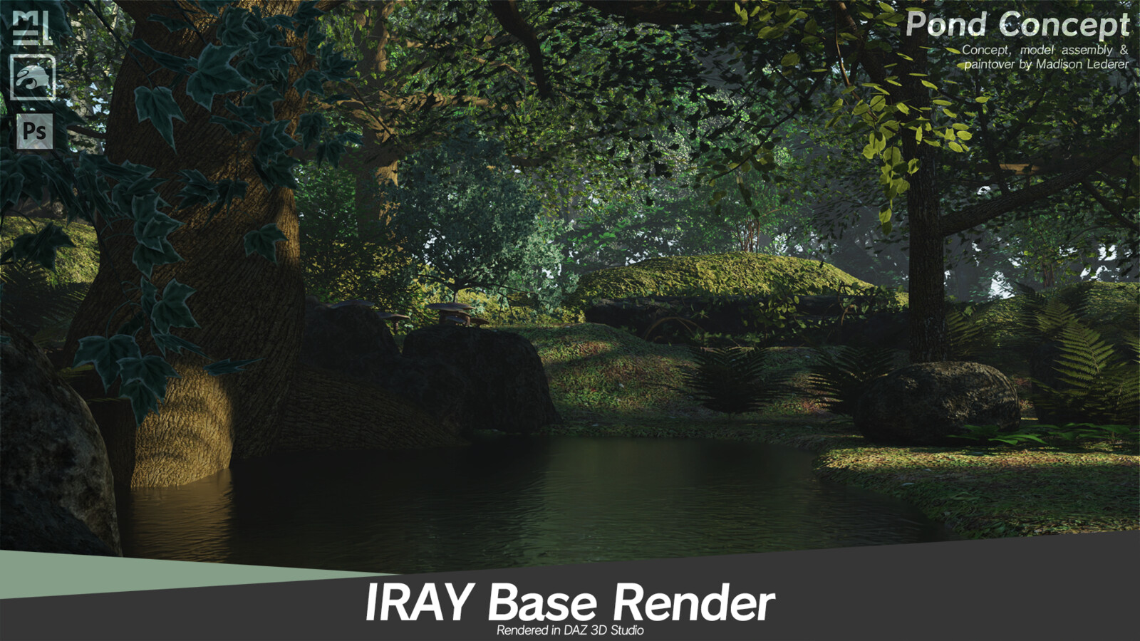 Base render using IRAY's environmental settings w/ the asset's default textures to establish lighting and basic colour &amp; detail.