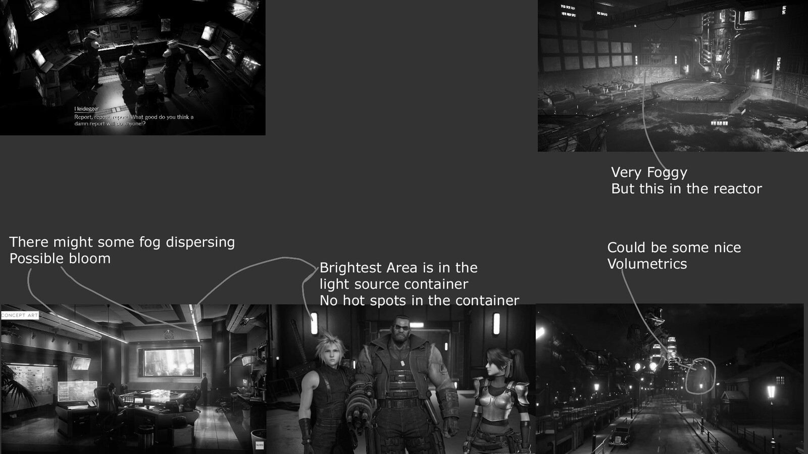 After I get my references, I bring them into photoshop and desaturate the image using hue and saturation. By taking the color out this allow me to break down the intensity of the lights, the general contrast, high lights, shadows, and fog. 