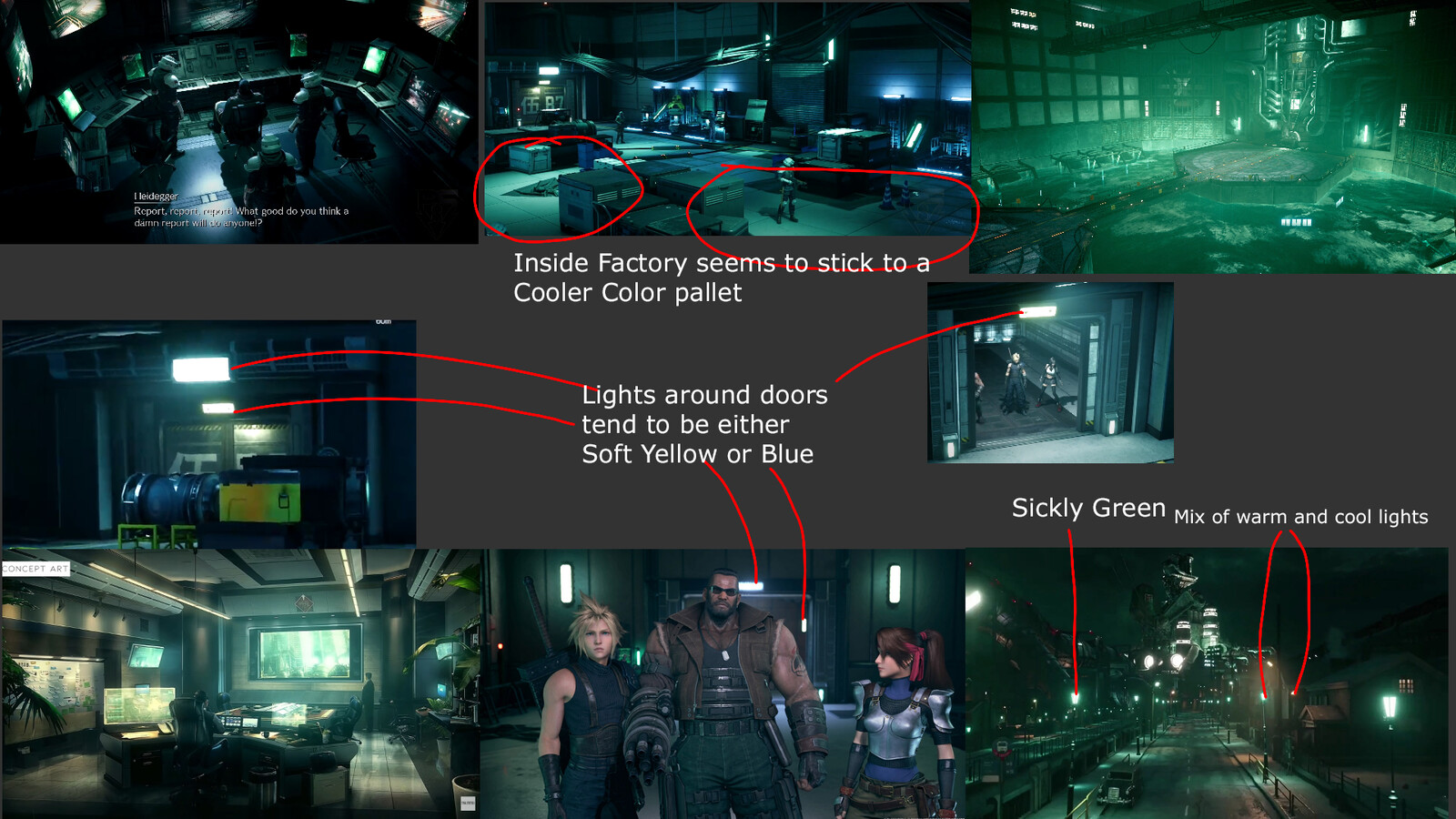 After that, I remove the desaturated effect and I study the color. I look for any lighting trends, for example the lights about the doors are either a soft yellow or blue light. I added a few more images from my ref board for better exemplify my notes.