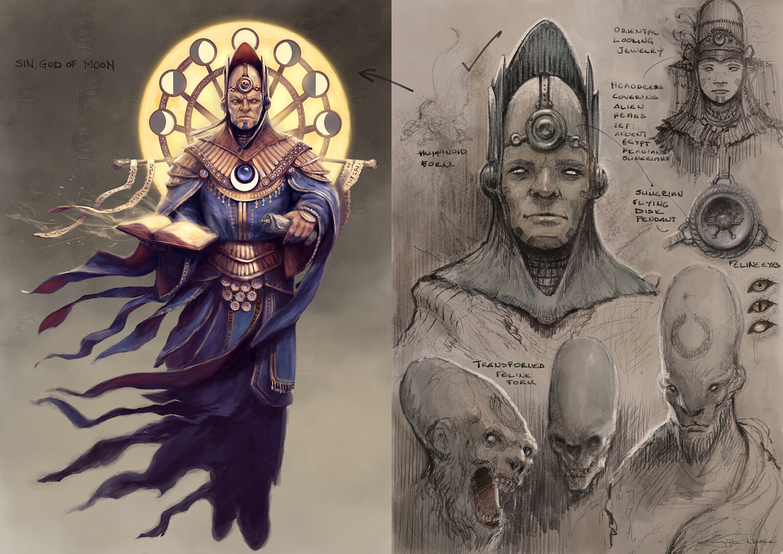 Sin, god of moon. In the sketch, i was exploring some kind of alien race for the setting, and i decided to carry the egg shaped heads to the next level. Maybe the reason we see all those tall headgear in Mesopotamian art was to hide the unusual heads.