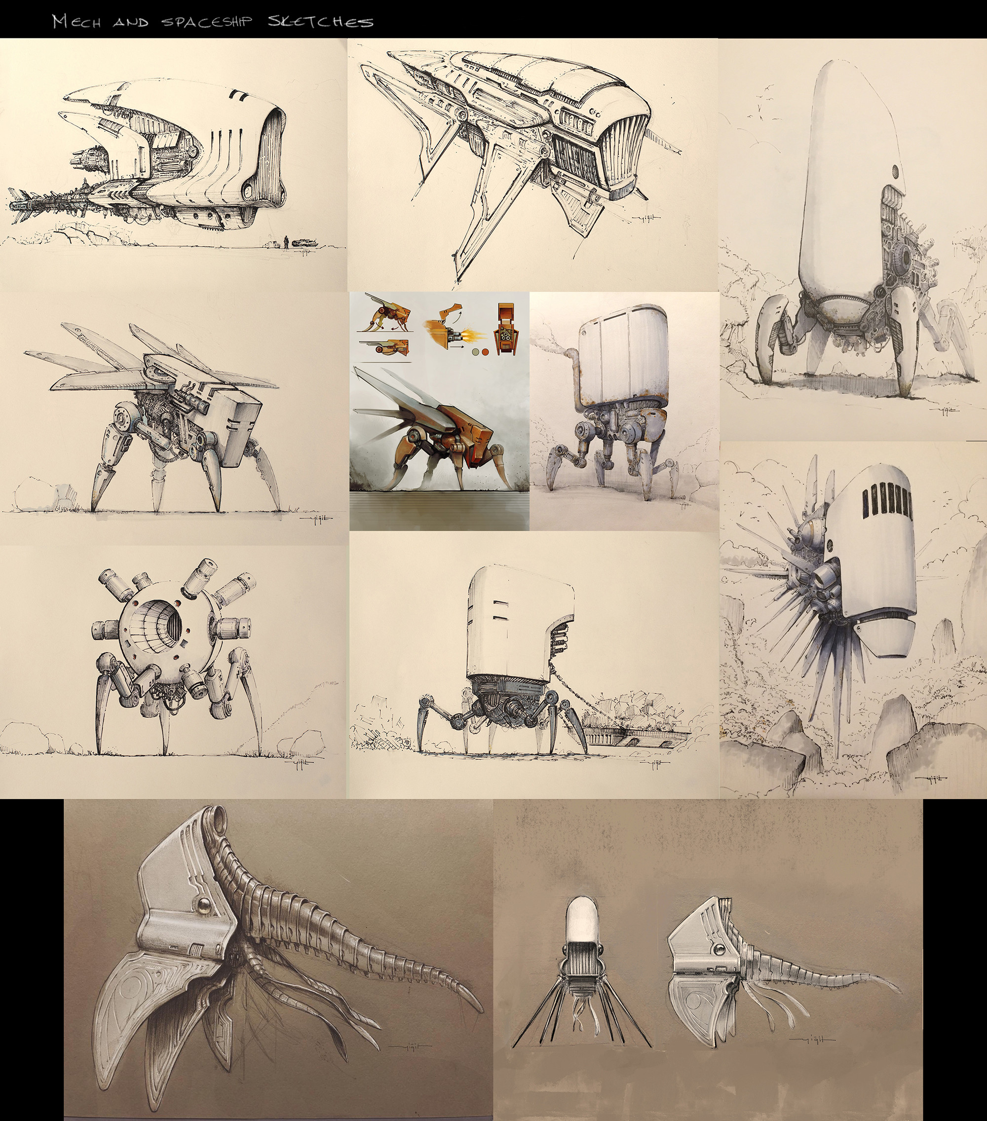 These were a series of spaceship and mech concepts i made, which were influenced by aquatic life and insects. I used ball point pen to emphasize a more organic feel. 