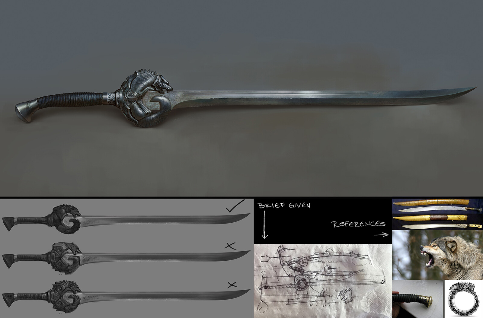 This was a sword i designed for a movie ( still in production as far as i know, and the sword will be actually used in action ) . The director gave me the brief on a napkin. The guard part would be an ouroboros of a wolf.