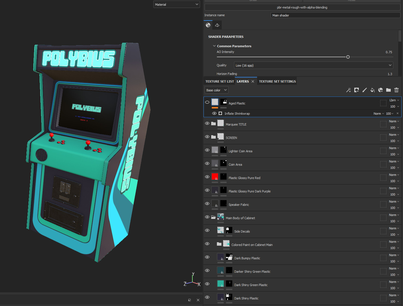 Preview of prop in Substance 3D Painter. Edits were constrained mostly to geometry. At some point I will add some damage, but that's not in spec for this project.