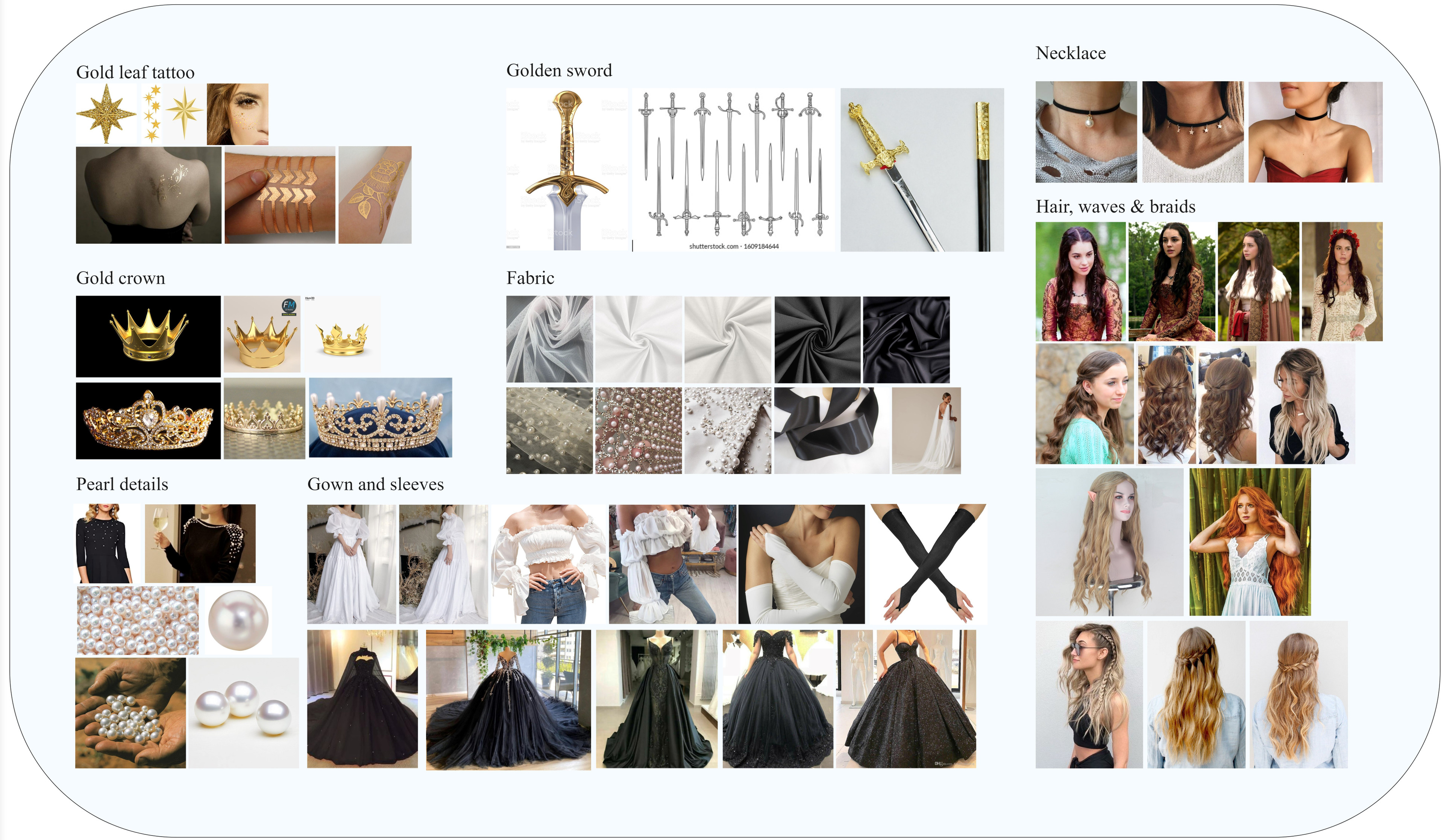 Extensive moodboard to explore types of dress silhouettes, hairstyles, etc.
