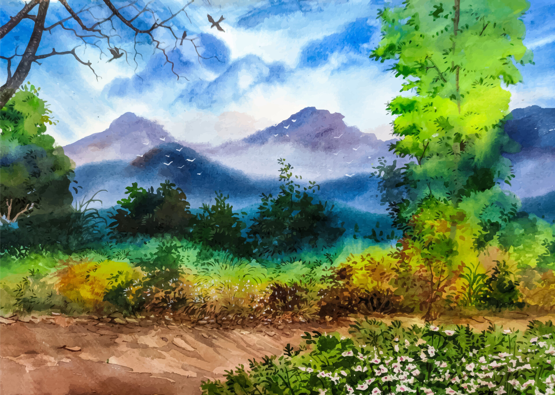 ArtStation Watercolor nature landscape painting illustration (EPS)
