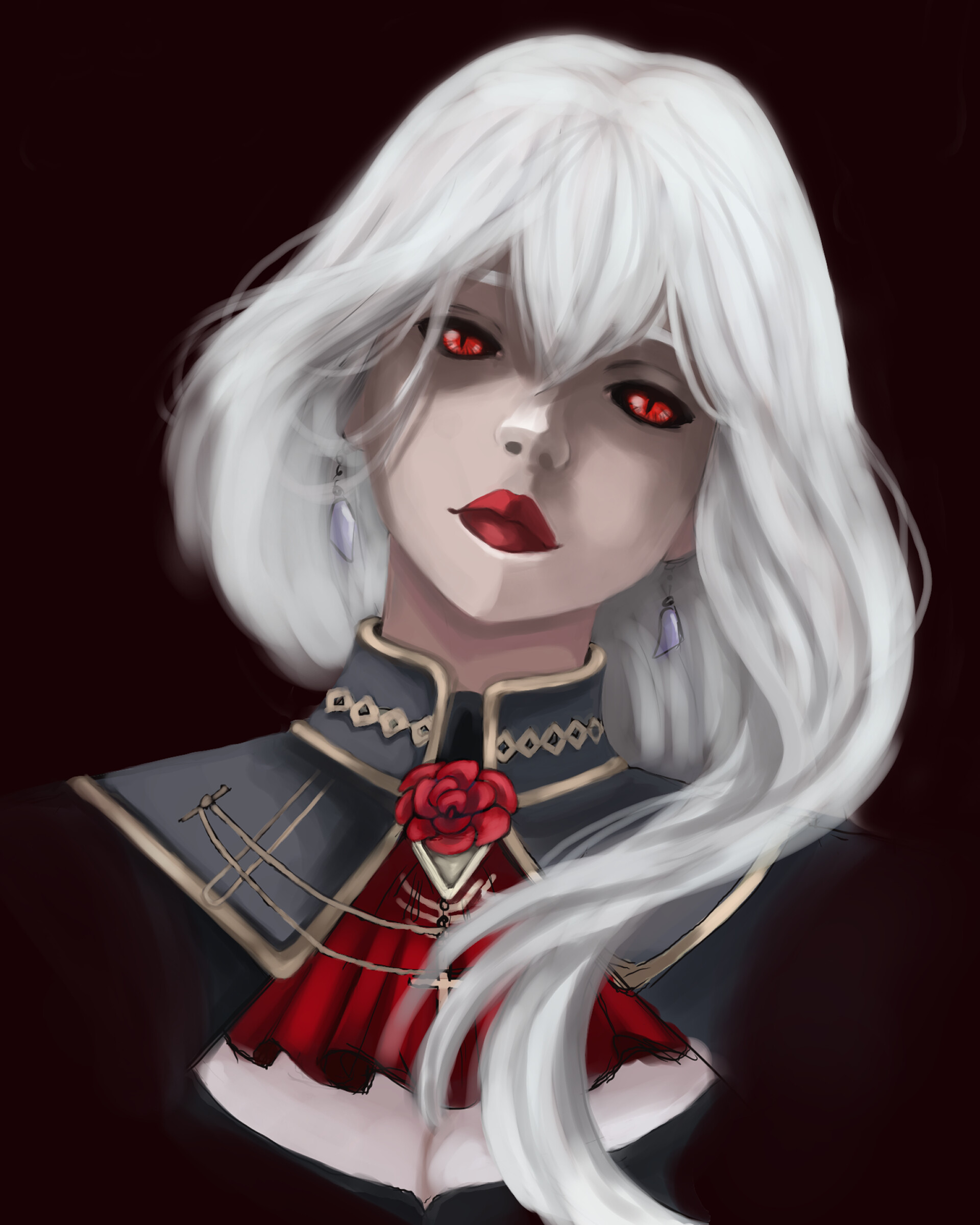 vampire anime girl with silver hair and red eyes