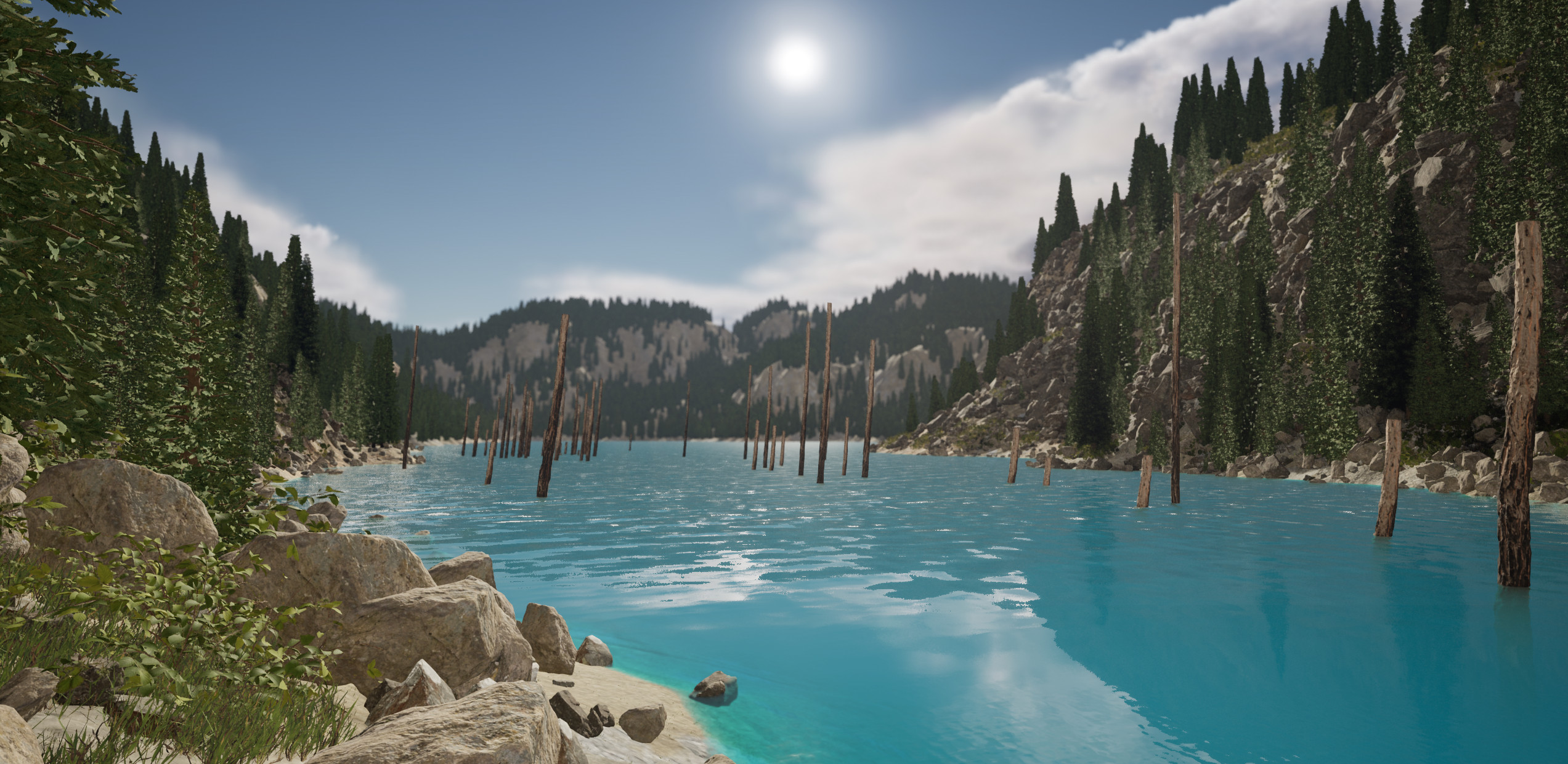 Landscape scene inspired by Lake Kaindy in Kazakhstan. Scene assembled in UE4. Landscape heightmaps and heatmaps created in World Creator 2. Spruce model created in SpeedTree 9. Landscape materials, rocks and other foliage assets from Quixel