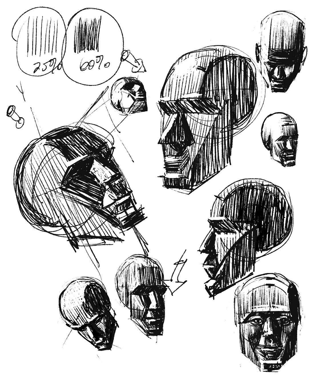 Quick Light and Shadow manikin head studies. Focus on the essential planes.