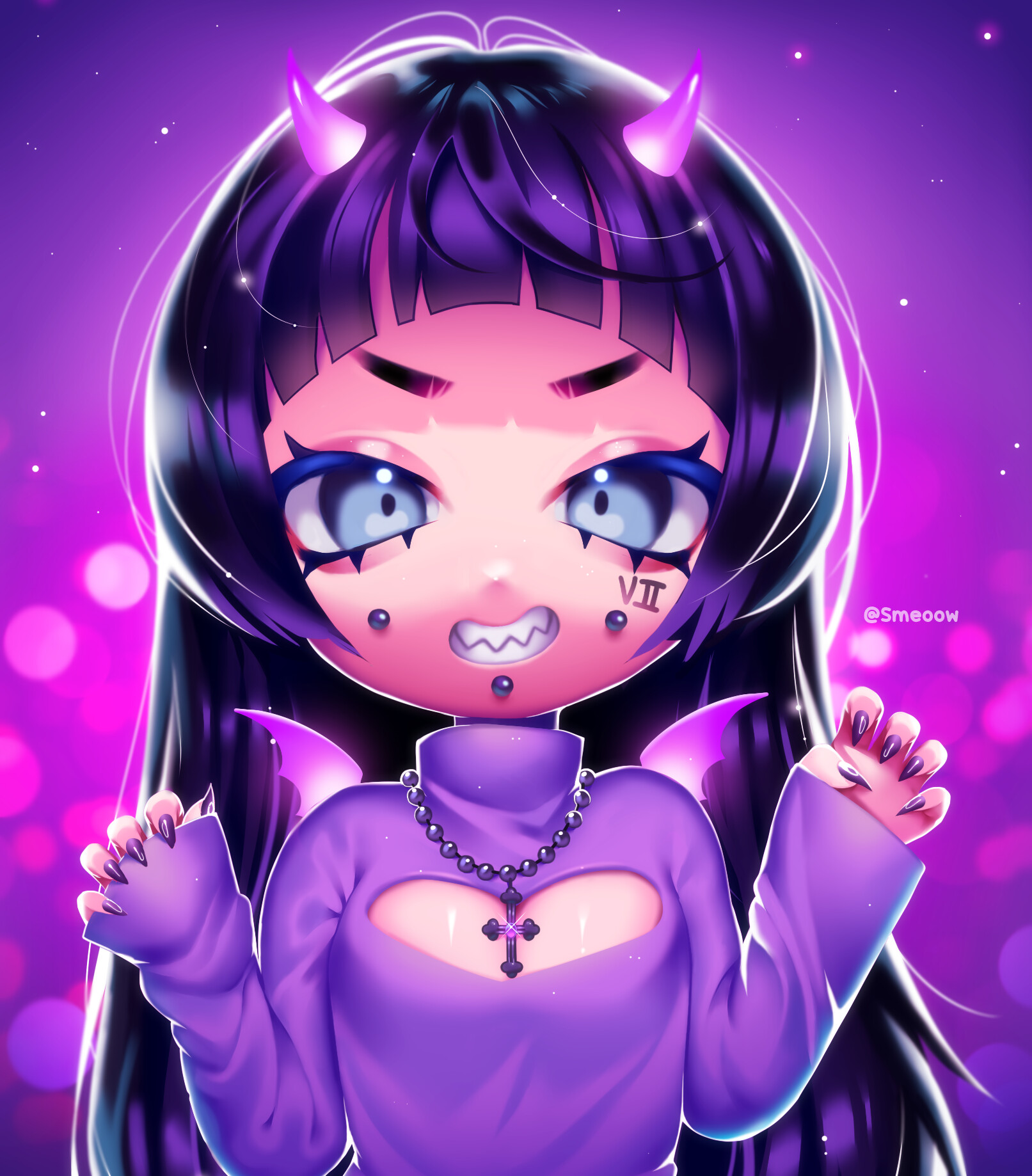 Download wallpaper 938x1668 demon, girl, horns, glance, anime, art, purple  iphone 8/7/6s/6 for parallax hd background