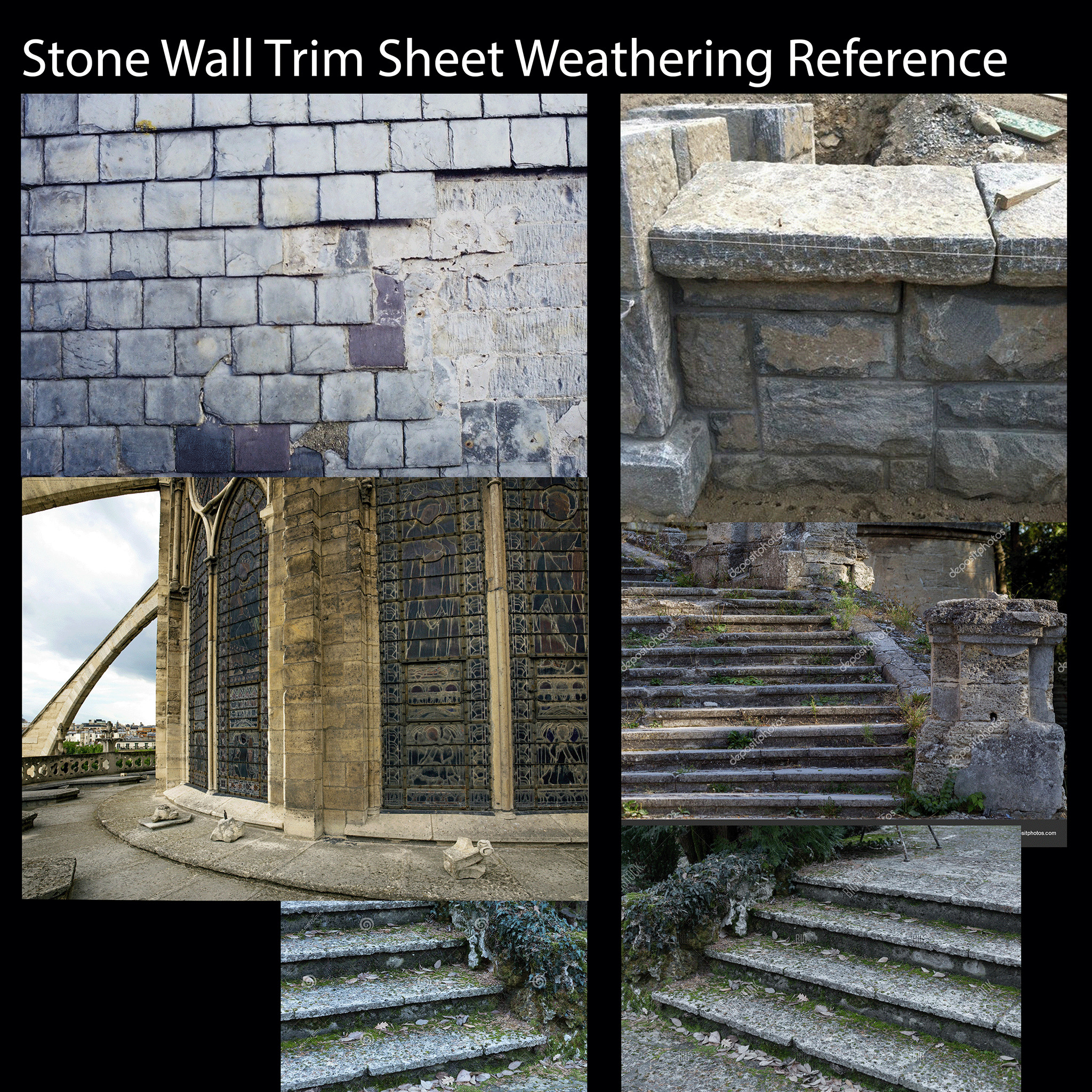I knew I wanted to create an old stone trim sheet so I started looking at reference of churches and old stone ruins. Doing this really helped me identify what kind of damage I wanted to add to my trim sheet.