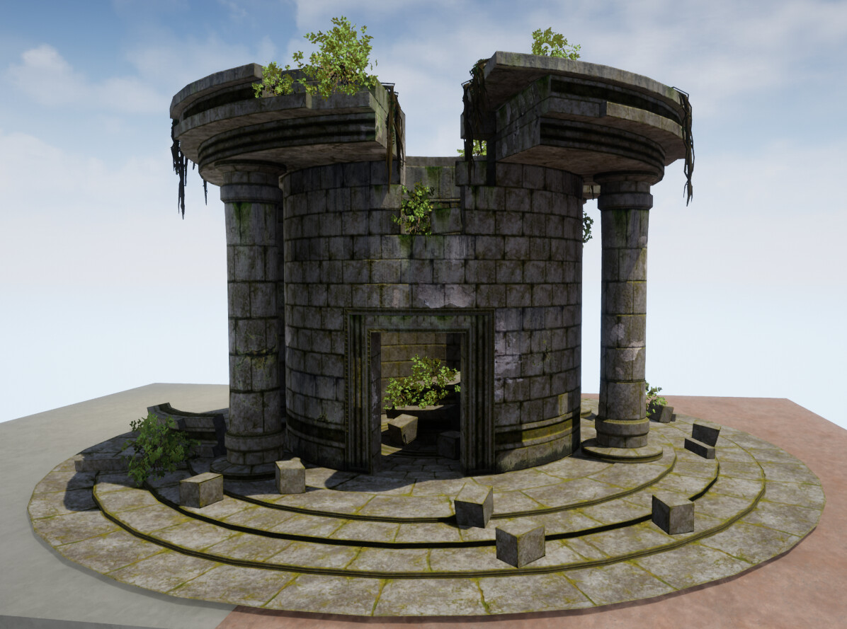 With the final touches added in Substance, the trim sheet was complete. Here is my forgotten shrine mesh with the trim sheet material applied to it.