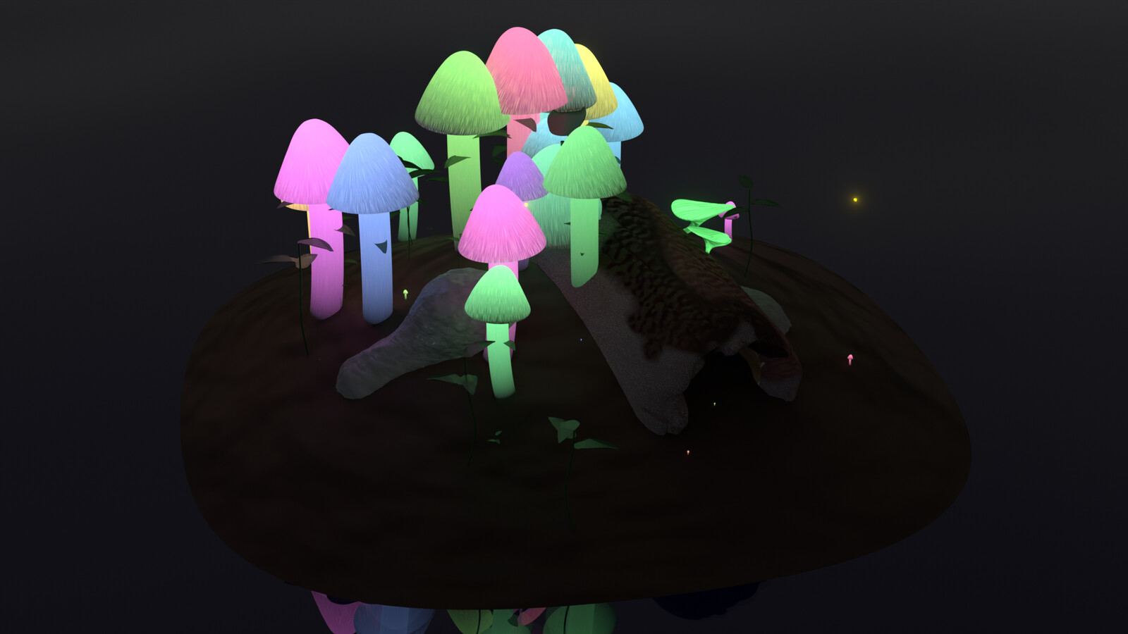Small mound of mud covered in glowing mushrooms and a little fox fire
