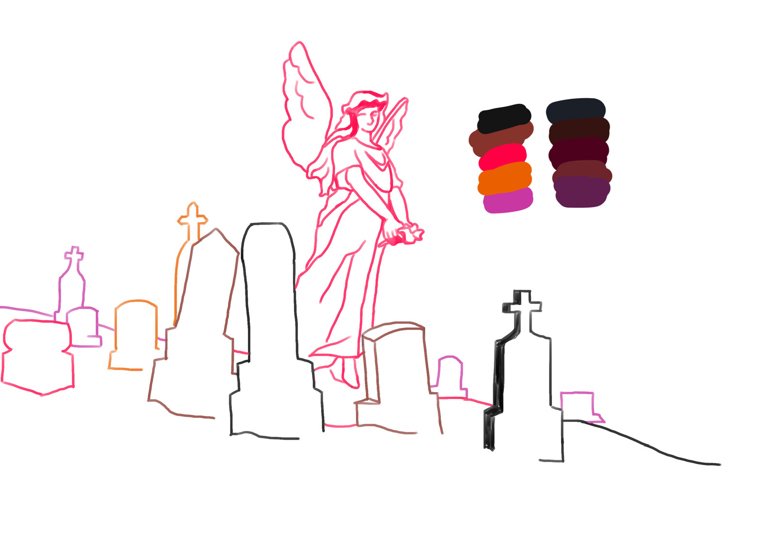 Cemetery sketch. Angel statue inspired by Père Lachaise cemetery.