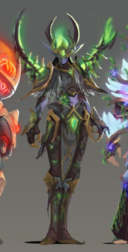 Demon hunters are obvious Fel users. I just had to break some symmetry and add some organically rocky corruption and green fire. I based it on style guides from 6.2.