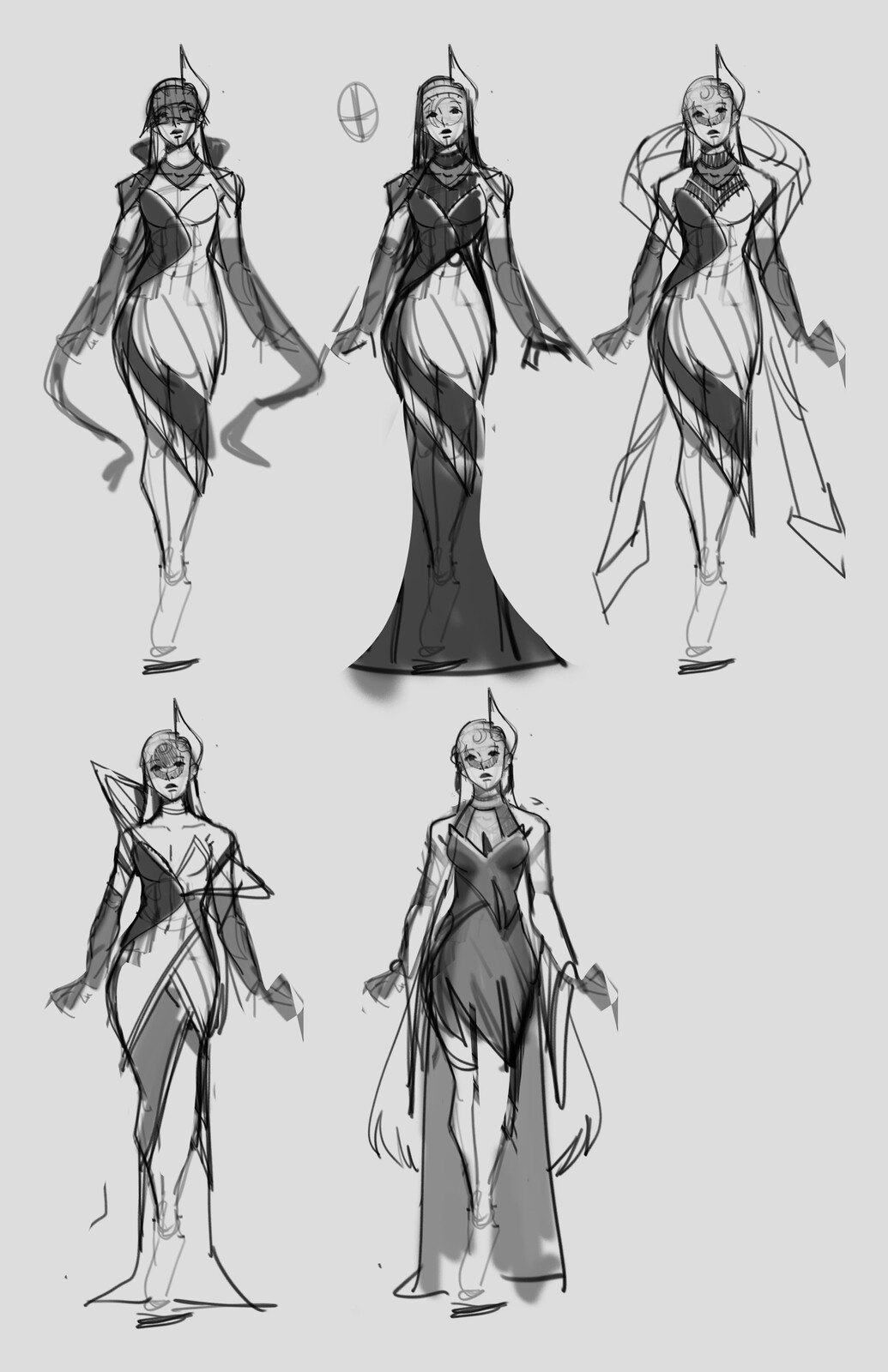 Some of the sketches for alune. I tried some experimental sketches with the idea of a priestess but ended up going safe with the coven shape language