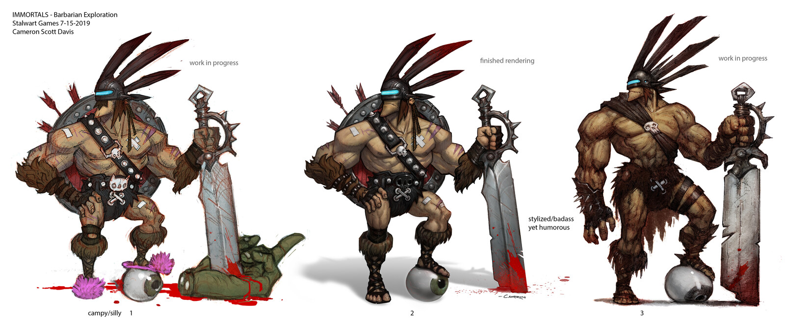 Style exploration. I was always pushing for as humorous as possible to off-set the over the top gore of the project. The publisher seemed to always sit at the opposite side of the spectrum and we met somewhere in the middle