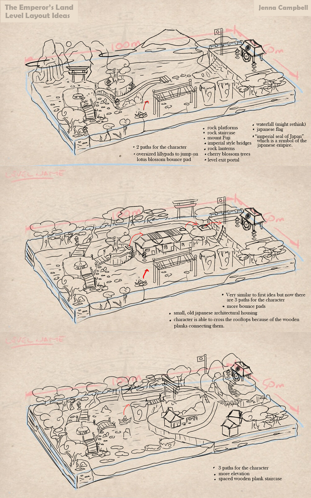 Early Stage - Sketches of three different level layouts for the same location and concept