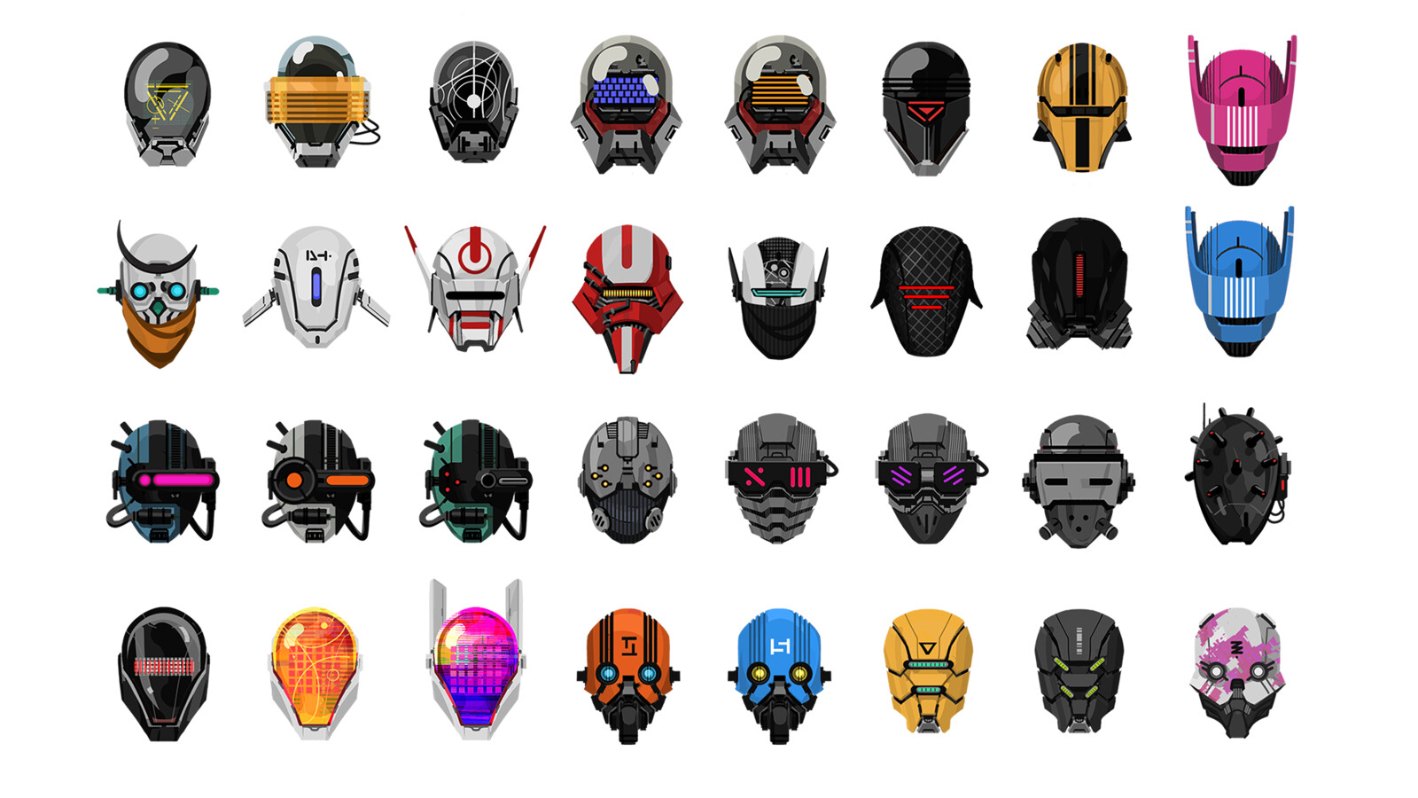 Many of the different helmets developed for the project