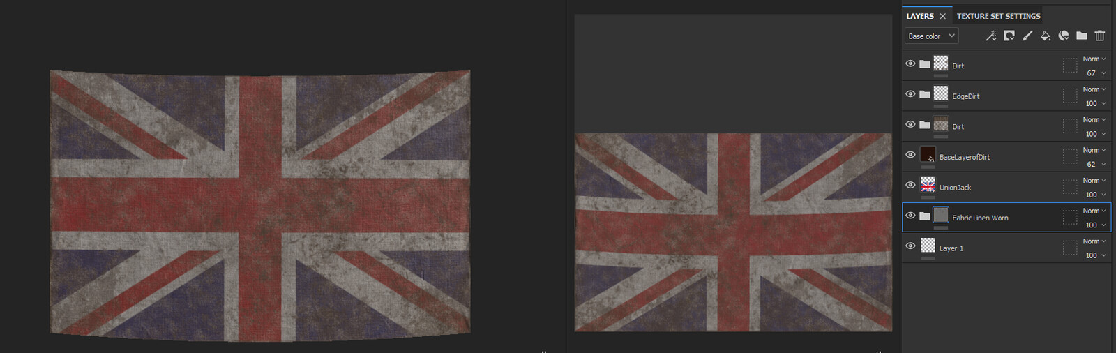 I took my flag mesh into Substance Painter to give it a material to fit its purpose. I then applied dirt and aging to the flag using smart masks and manual painting methods.