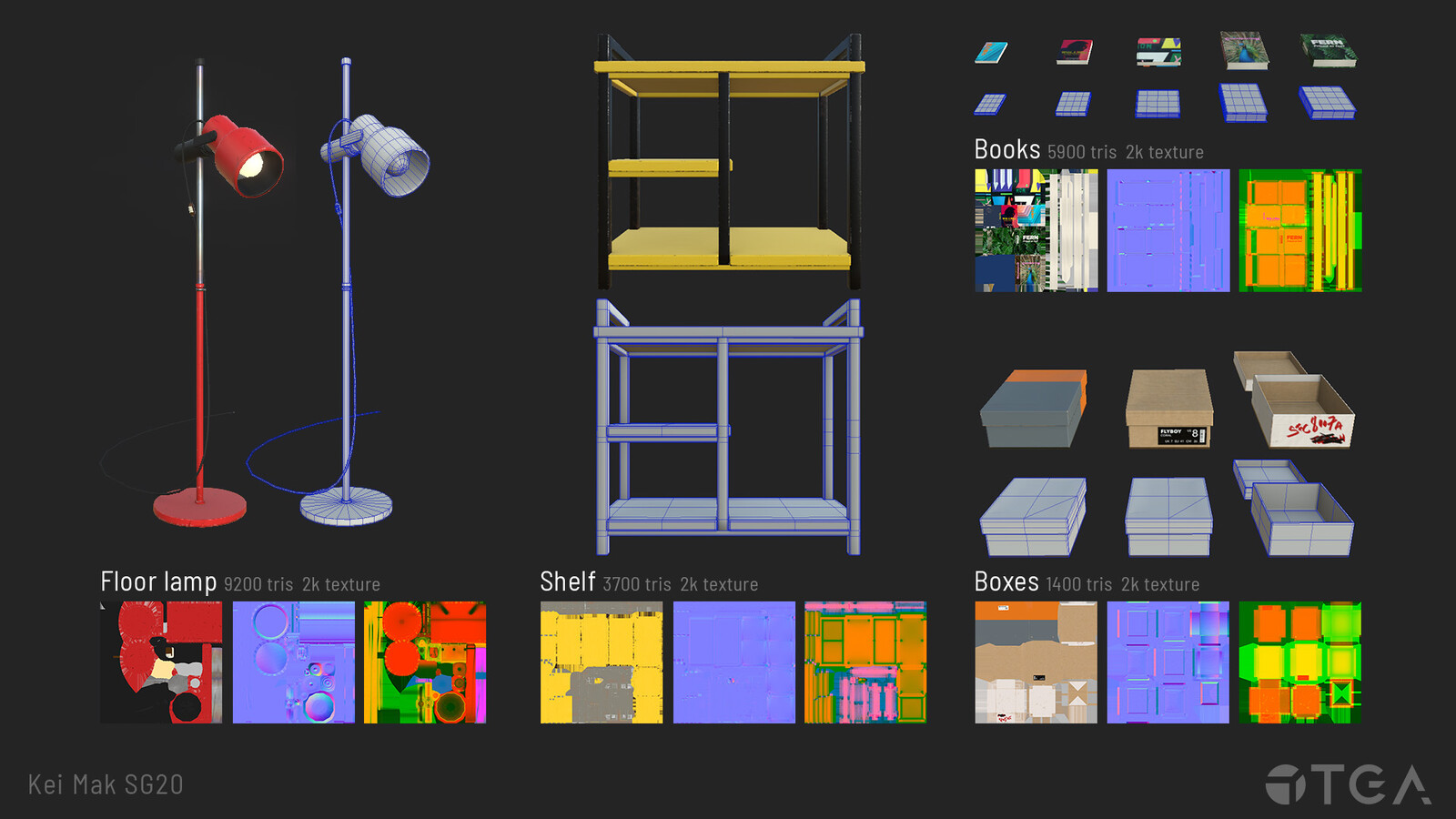 Breakdown of the lamp, shelf, books and shoe boxes