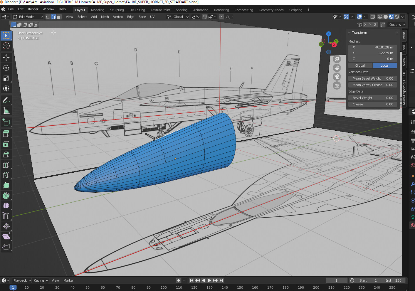 After obtaining 3-view drawings of the Super Hornet, I begin to shape the fuselage starting with the nose cone. I've already applied smoothing to the cone, but I am keeping the poly levels low at the moment.