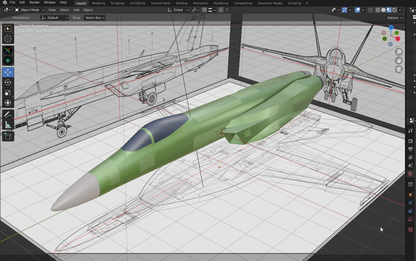 I decided to create some basic primer materials in a blue/green tone that match the factory F/A-18E. This actually helps me with refining the shapes of the model.