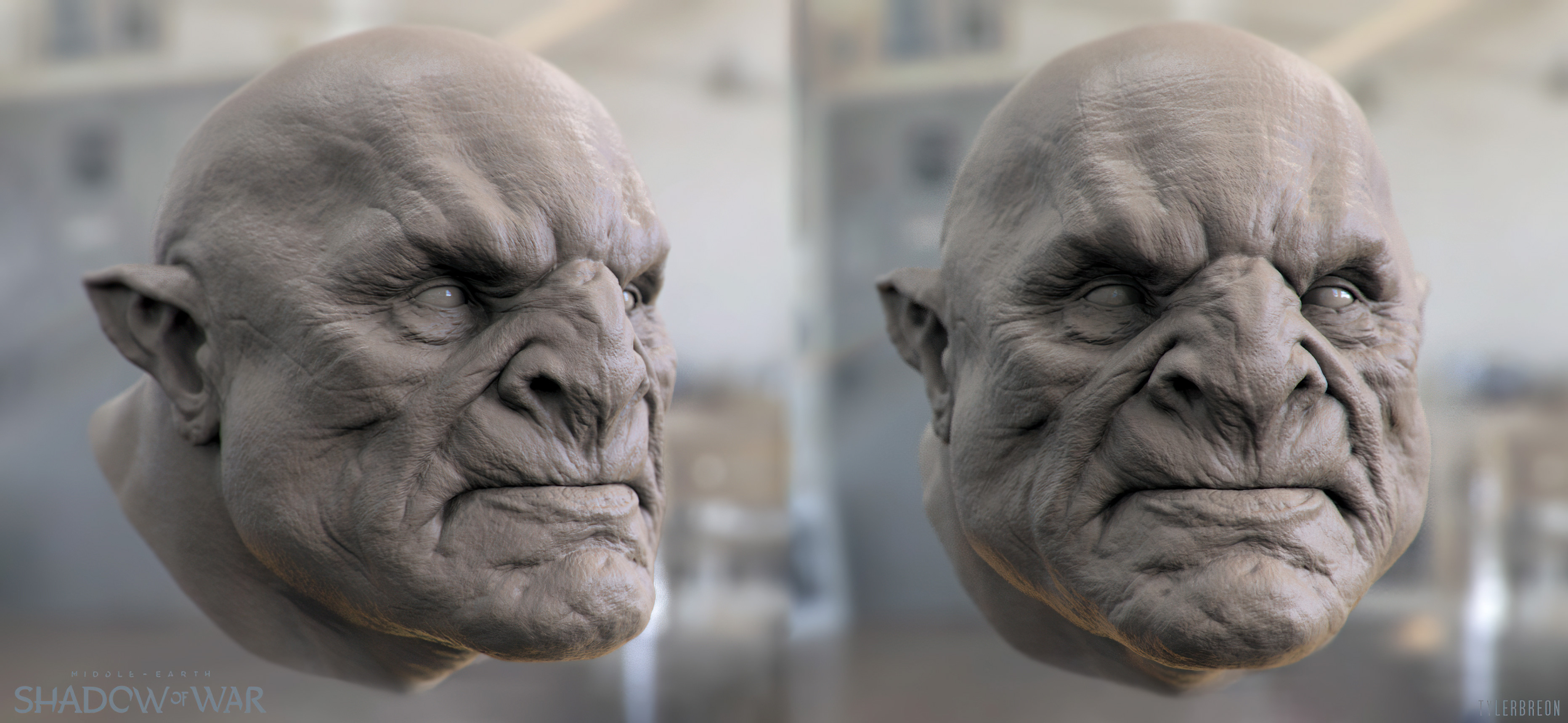 Old Orc (beauty render). This was a sculpt we reapplied to a large number of the final in-game orcs to give us a wider age range in our Nemesis system.