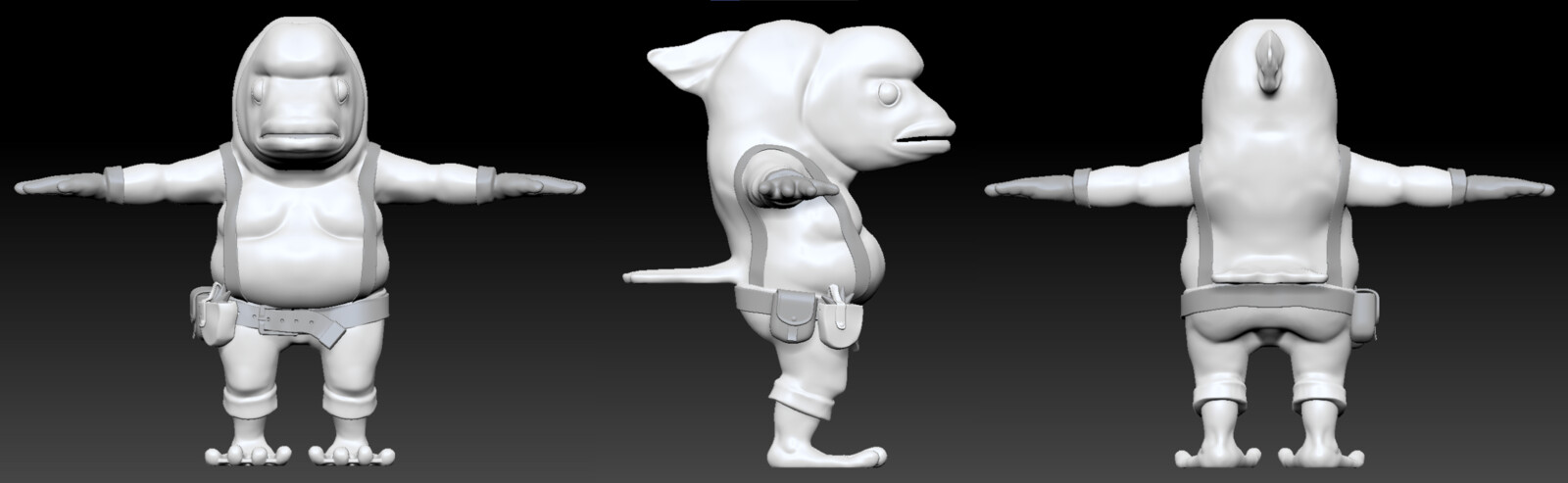 Front, back and side views of character sculpt