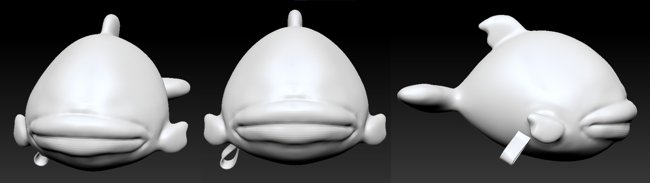 Front, 3/4 and side views of plush toy sculpt