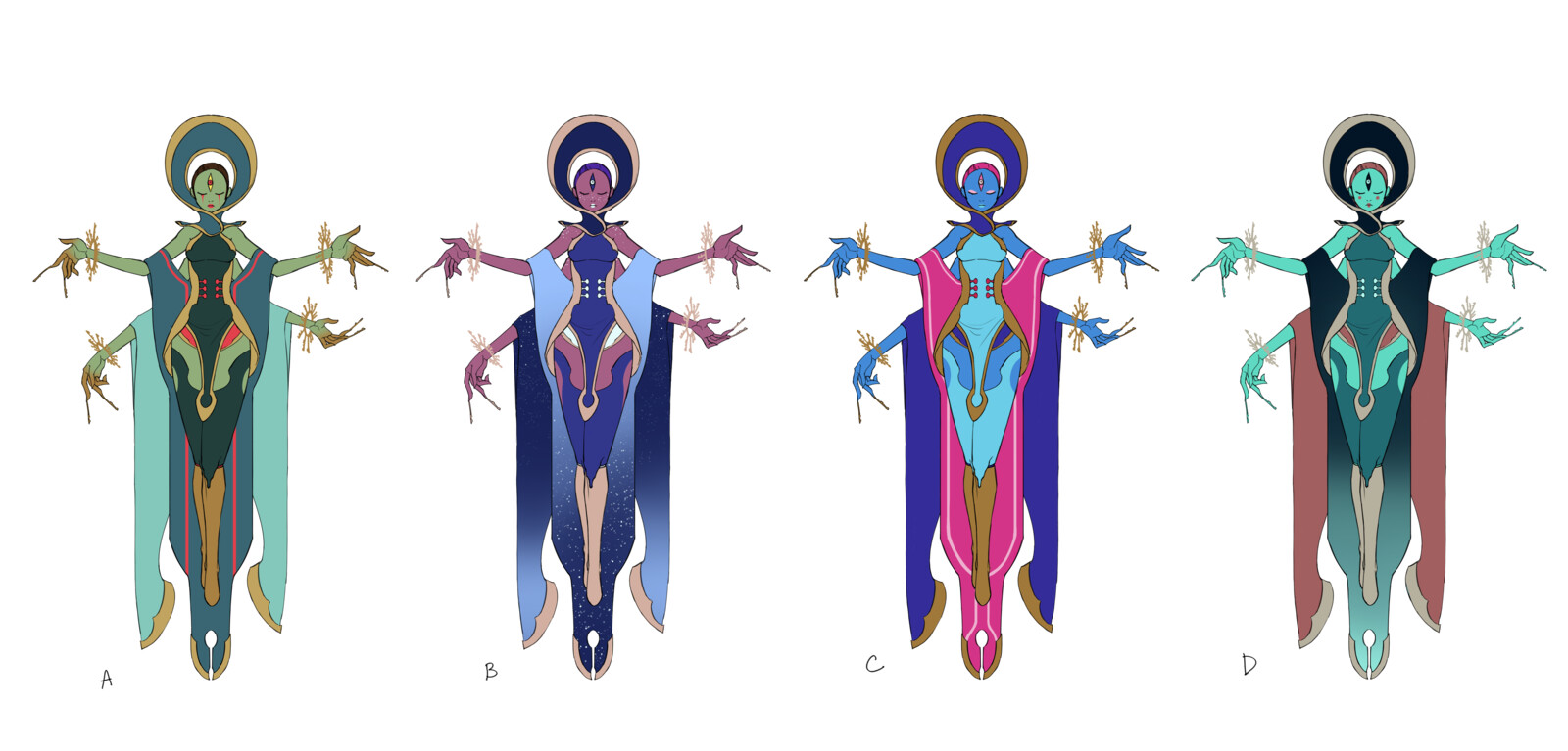 I choose a sketch that best communicates my initial idea for the character, and I explore different colors. 