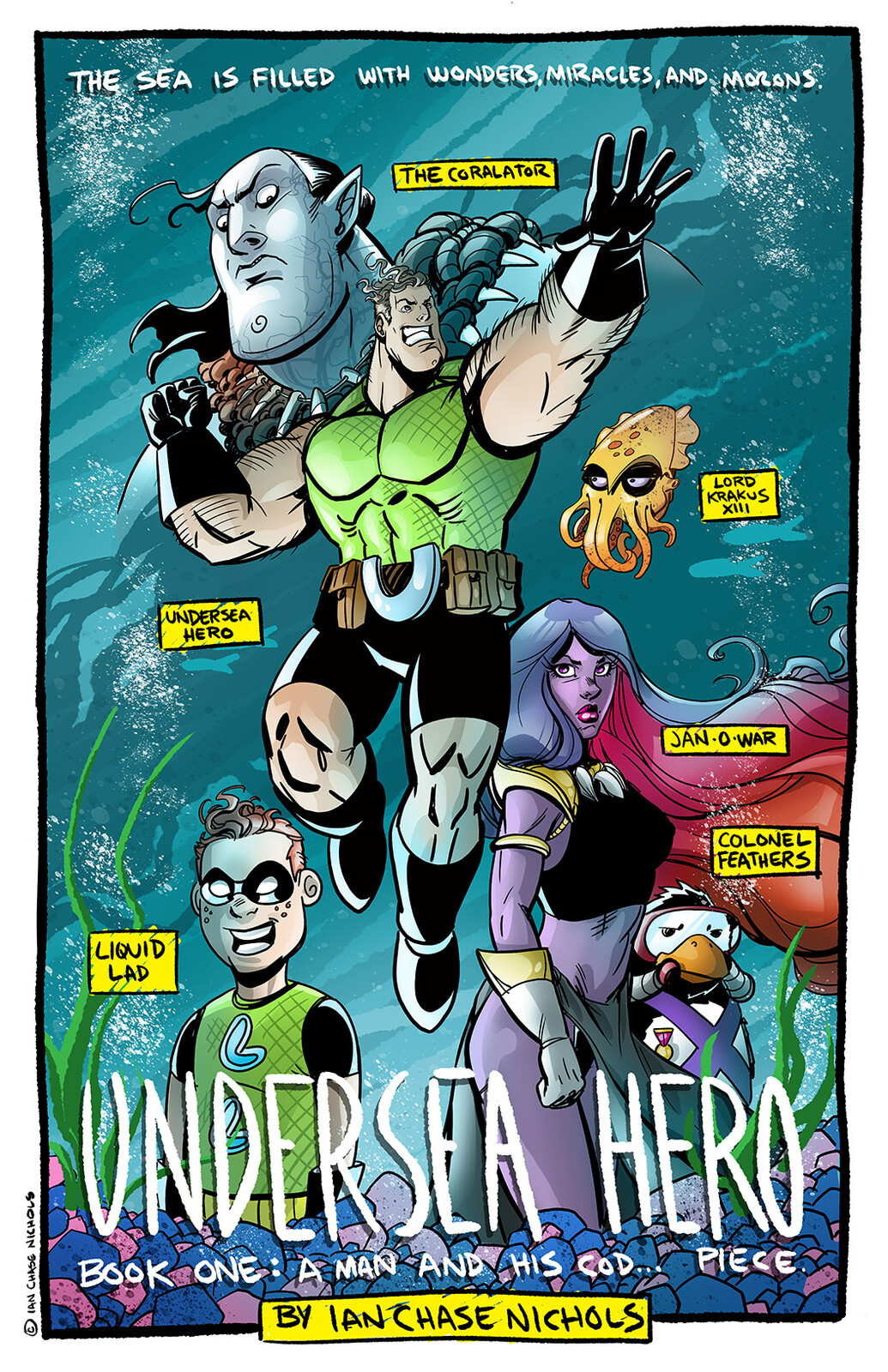 Character designs for my creator-owned comic, UNDERSEA HERO.
This was the initial group of characters. I've drawn and come up with dozens more since them.
© Ian Chase Nichols
