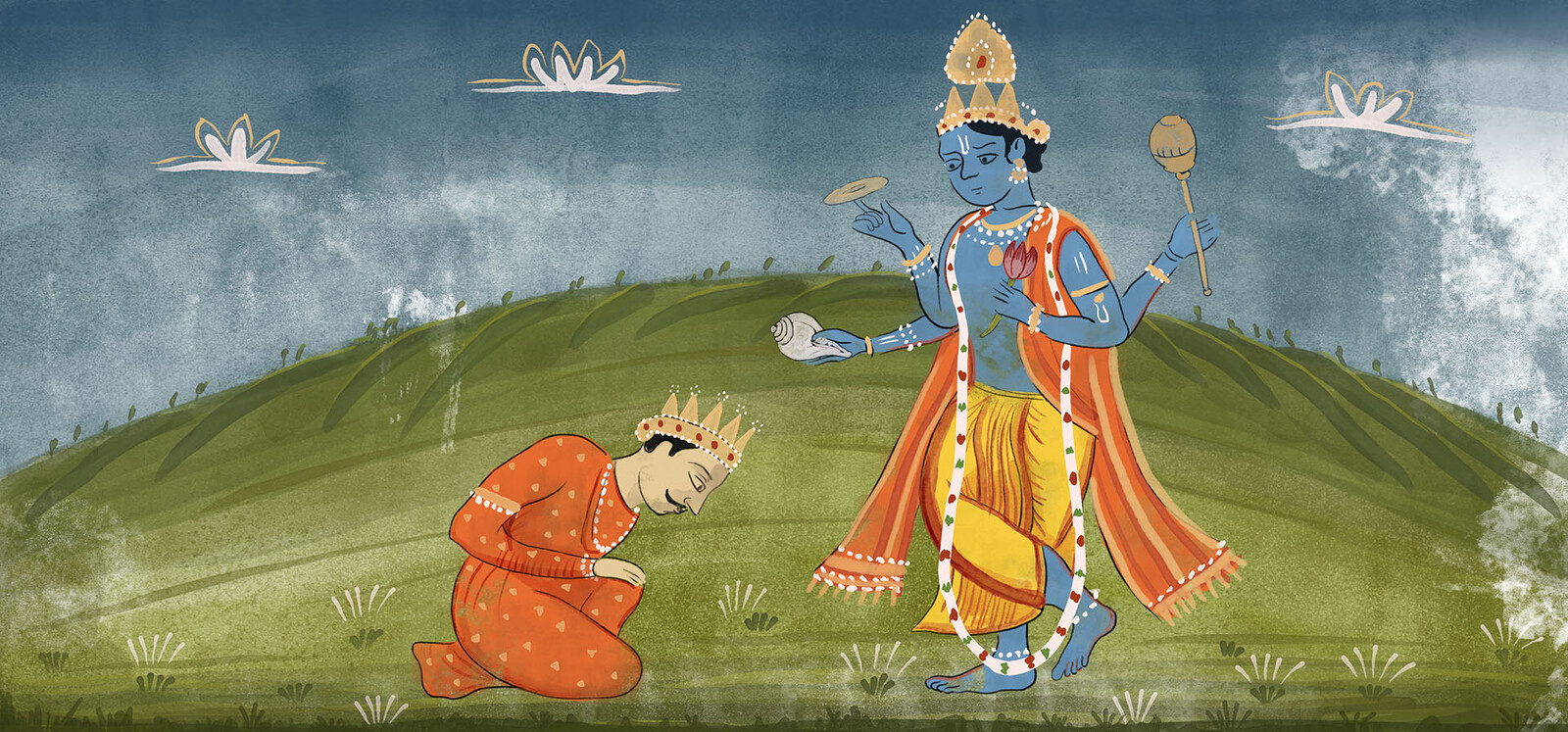 Painting depicting Prince Arjuna bows before Krishna.