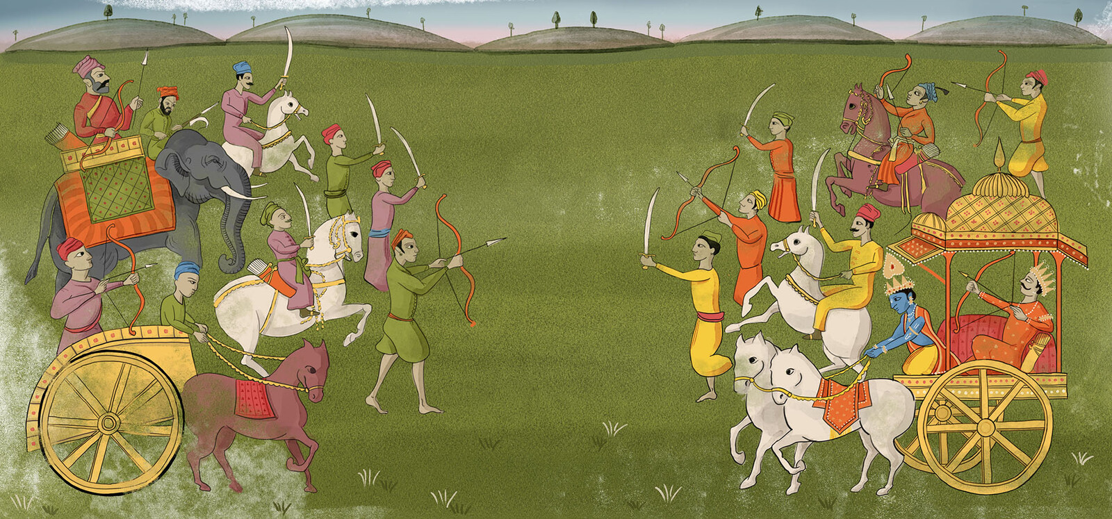 Painting depicting Prince Arjuna and Krishna on the battlefield.